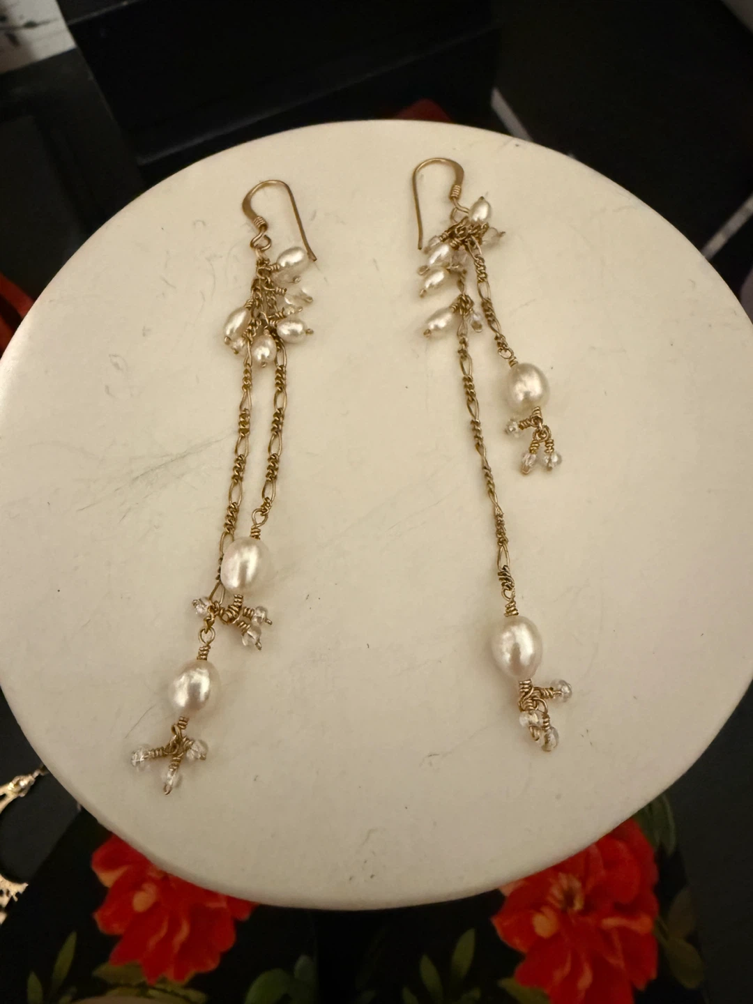 Gold Dangle Earrings with Pearls and Crystals