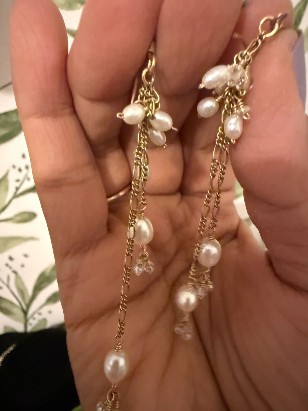 Gold Dangle Earrings with Pearls and Crystals - photo 2