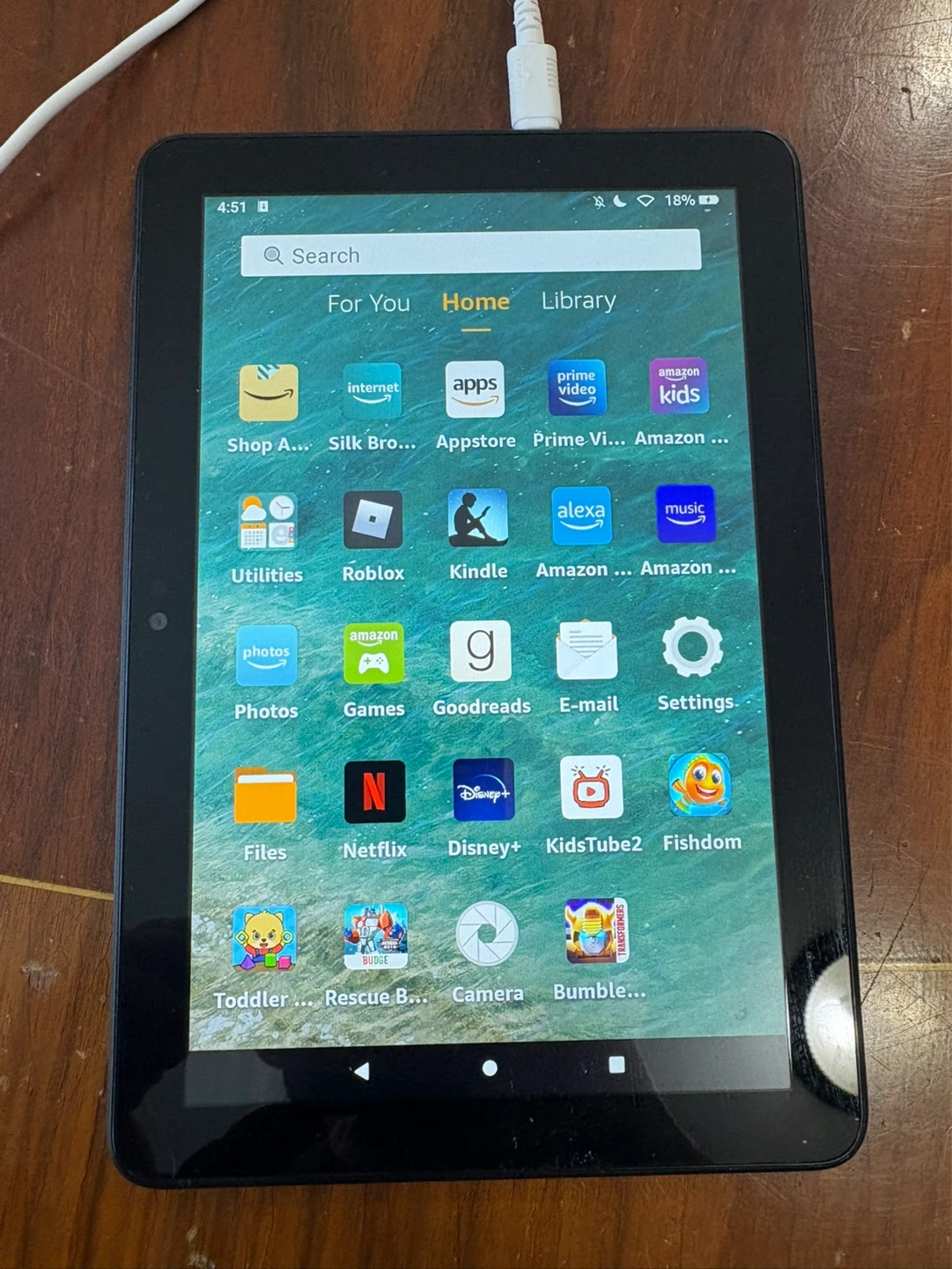 Amazon Fire Tablet 7 w power cord. 8” Screen