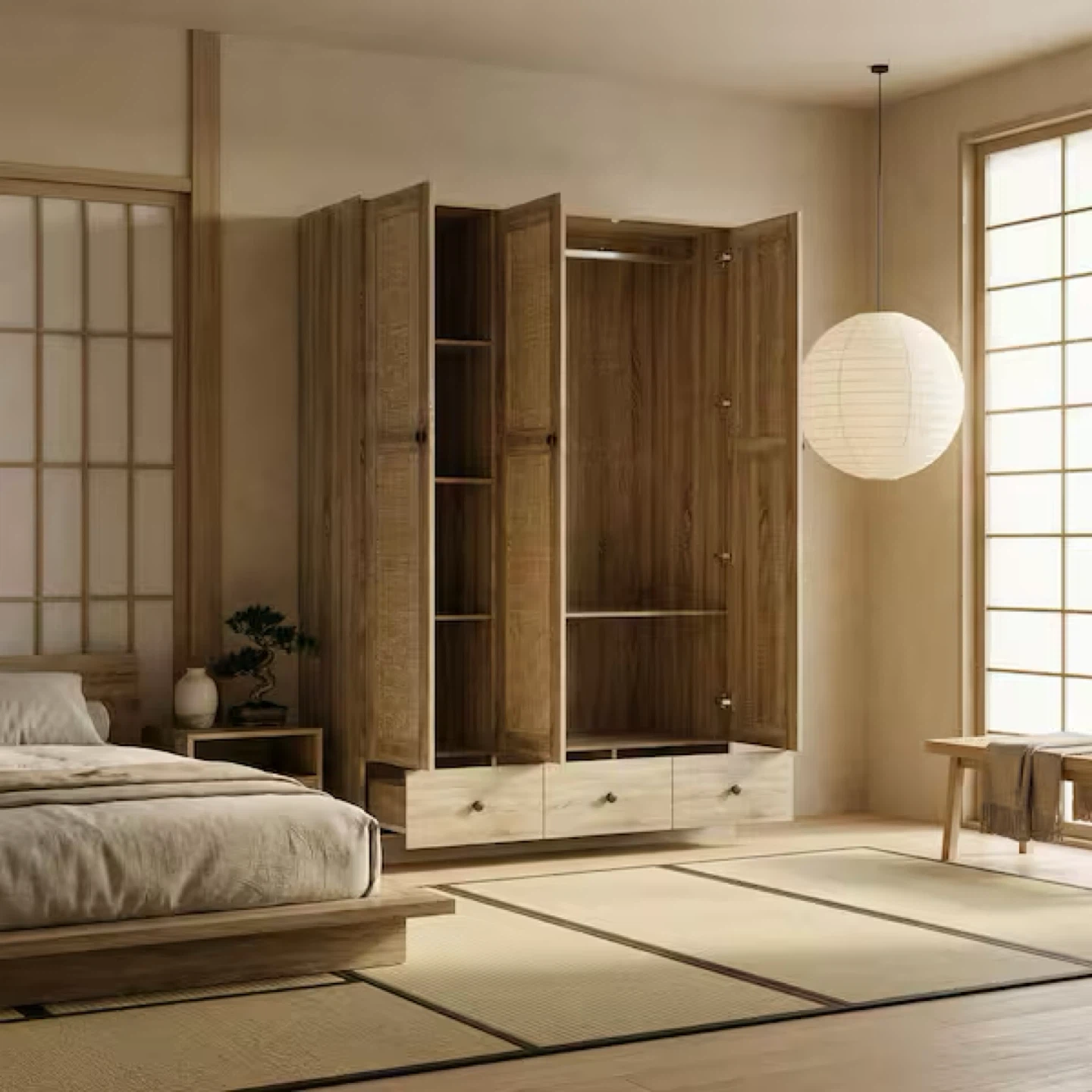 3-Door Wardrobe with Cane Detailing