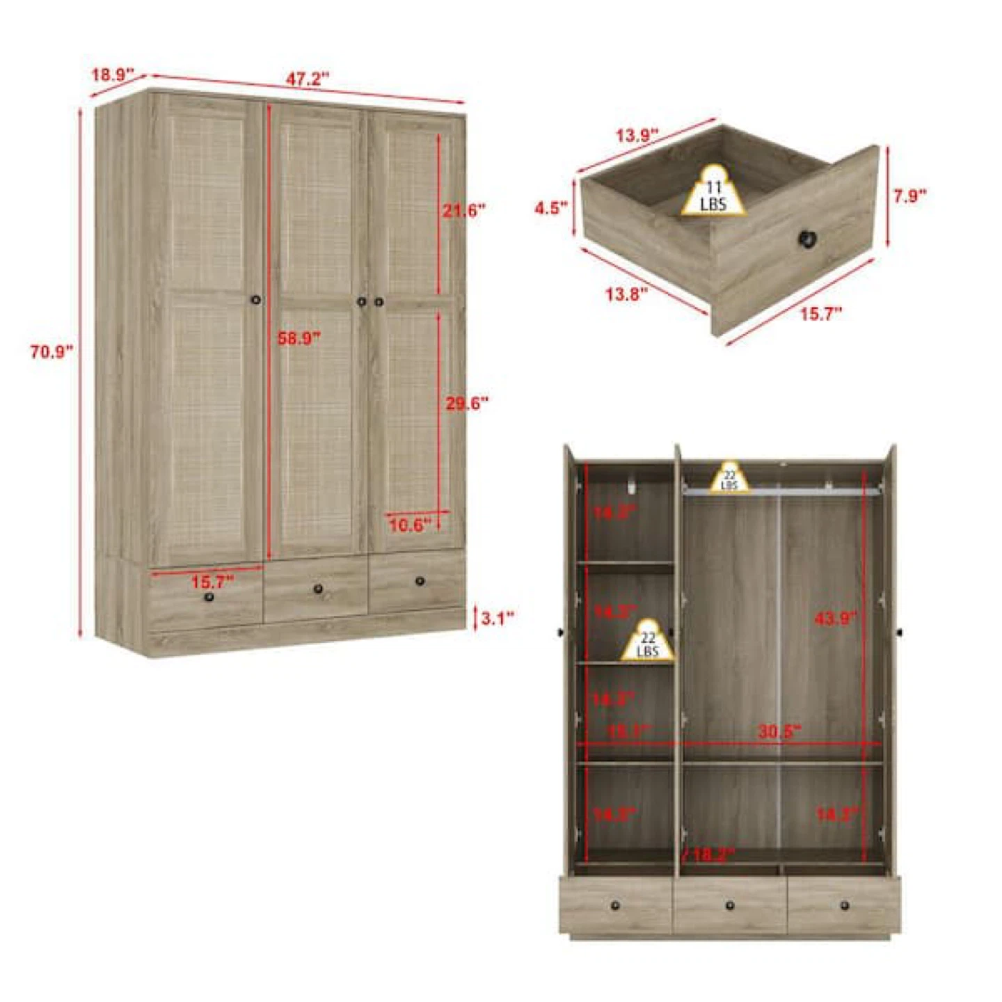 3-Door Wardrobe with Cane Detailing - photo 5