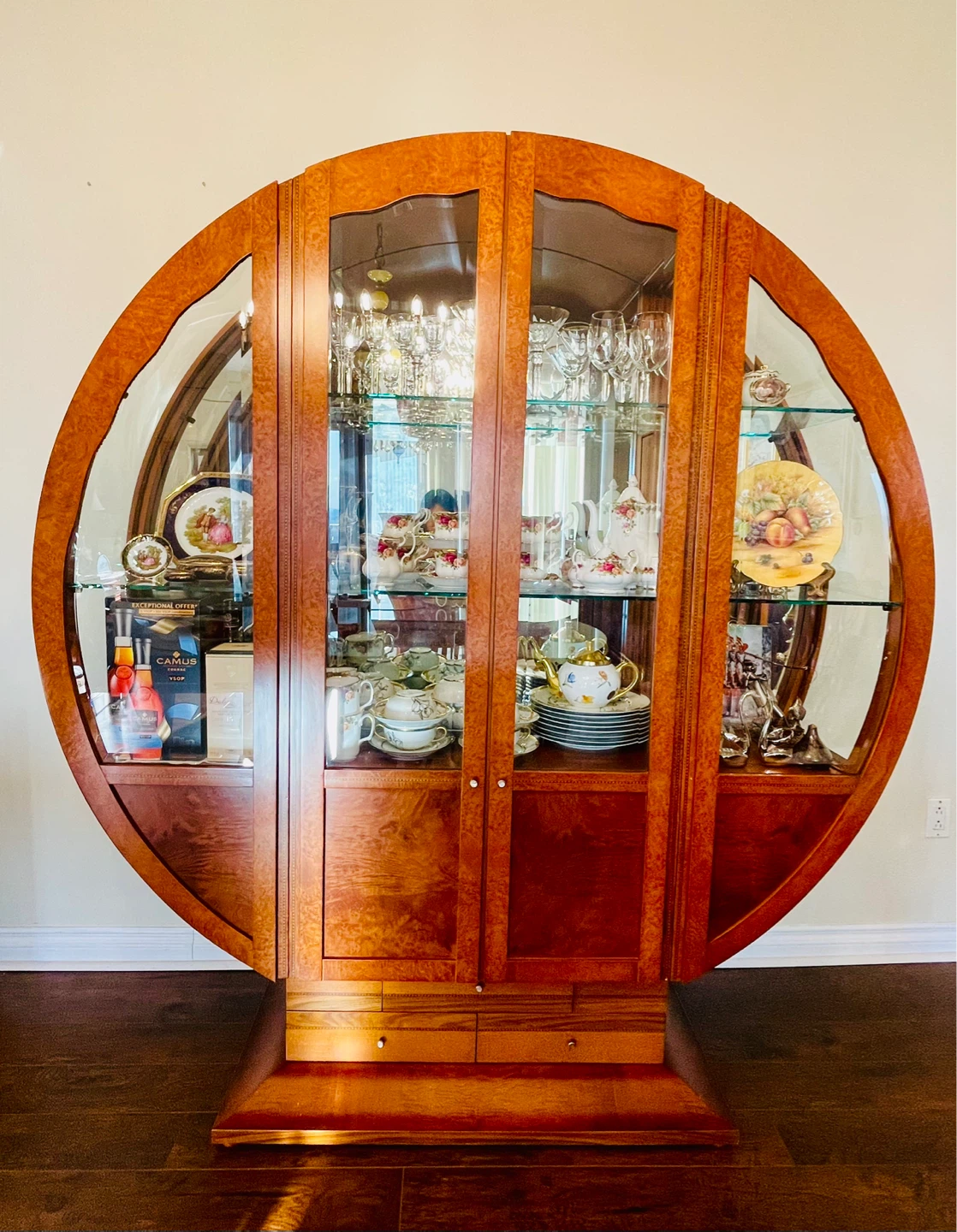 Made in Italy, Circular Wooden Curio Cabinet with Glass Doors