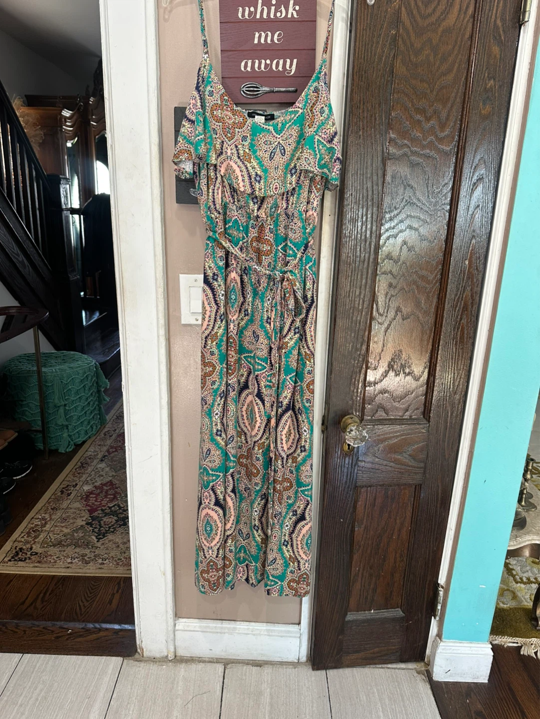 Teal Paisley Maxi Dress with Ruffle and Adjustable Straps