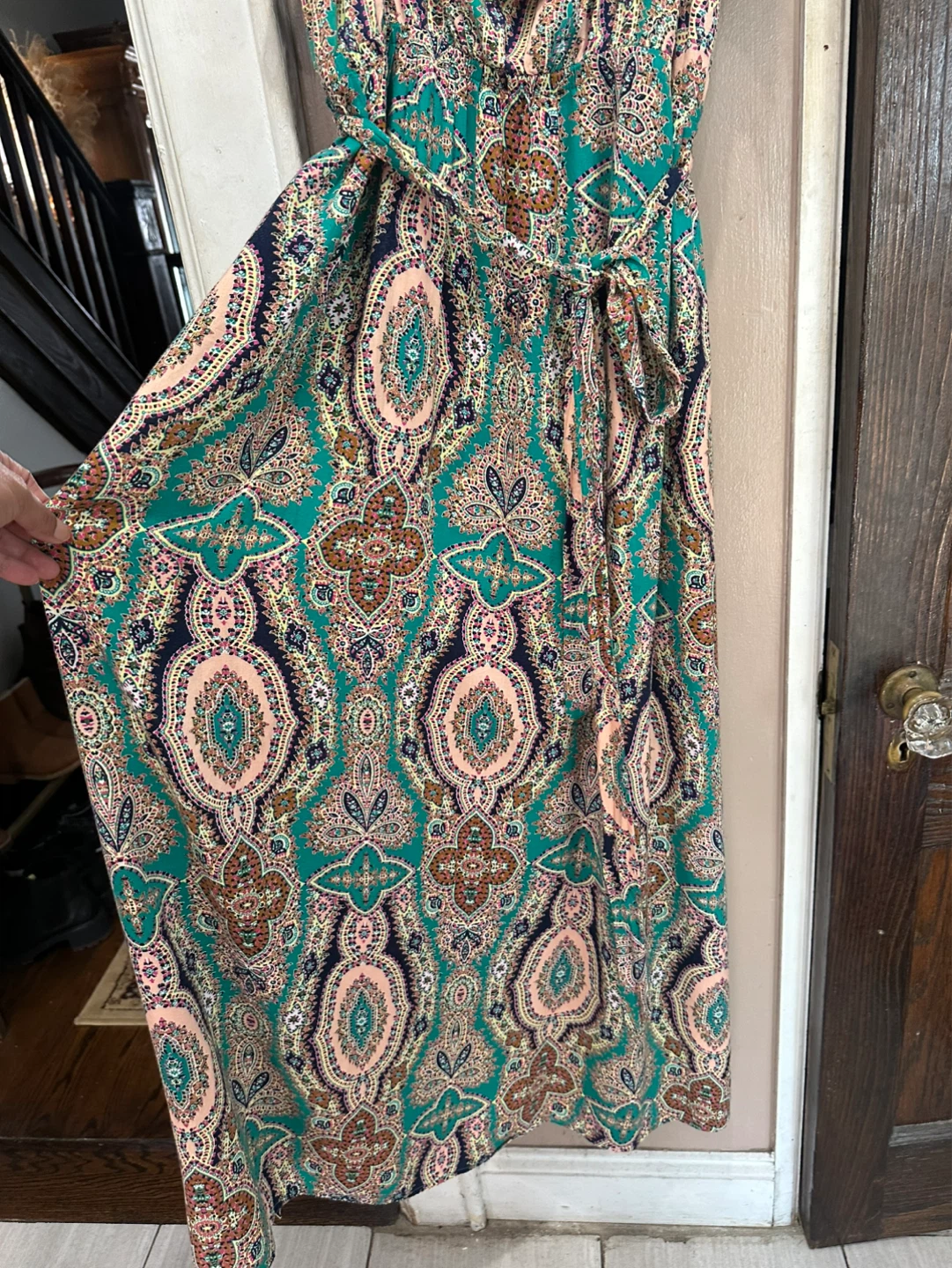 Teal Paisley Maxi Dress with Ruffle and Adjustable Straps - photo 4