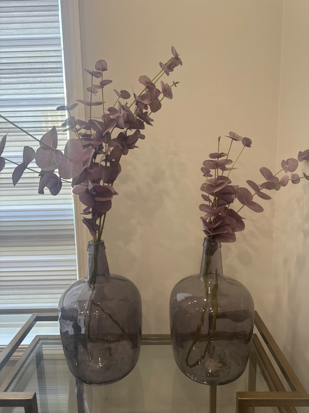 Set of 2 Glass Vases with Faux Eucalyptus Branches