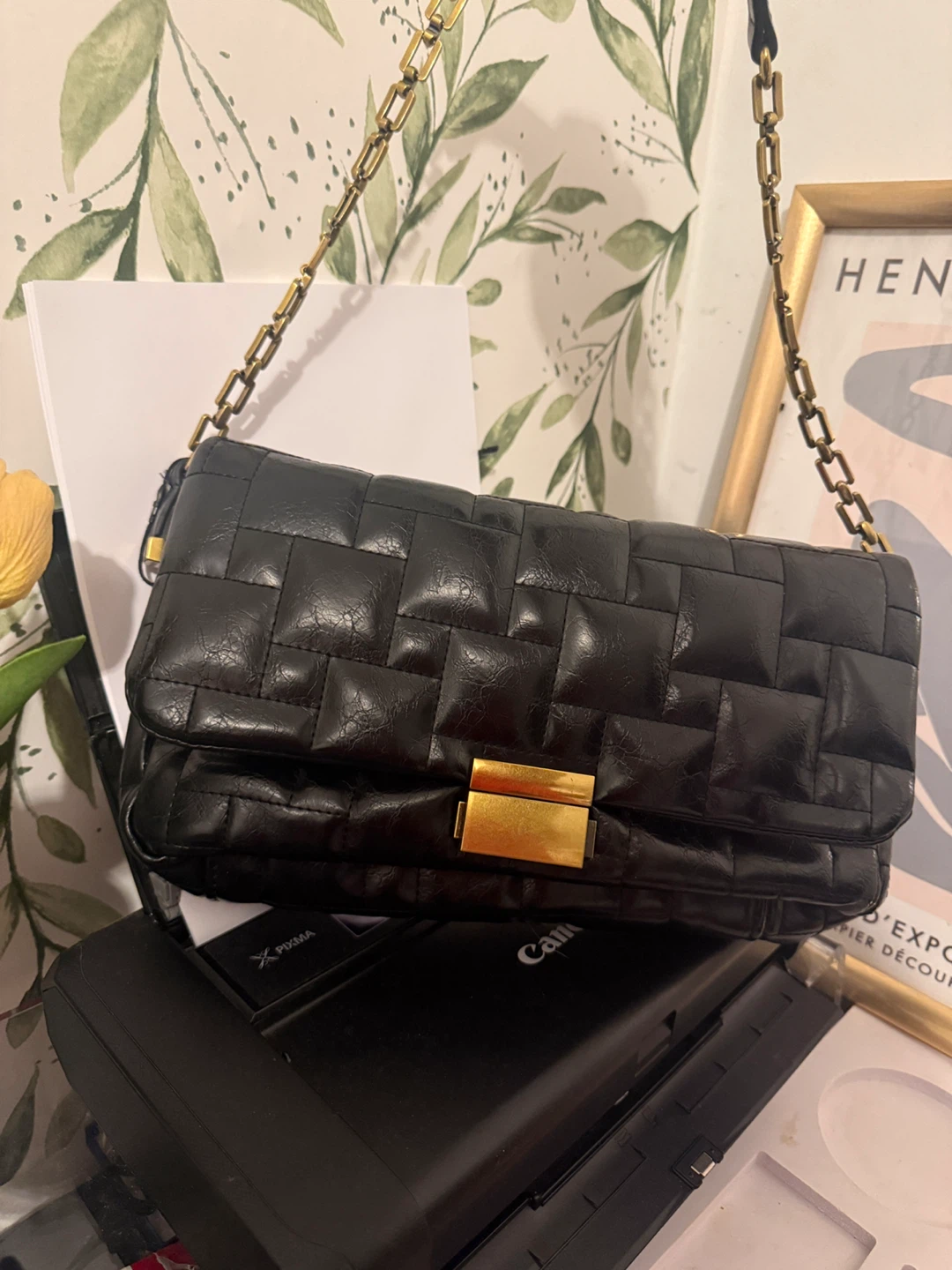 Black Quilted Shoulder Bag with Gold Hardware