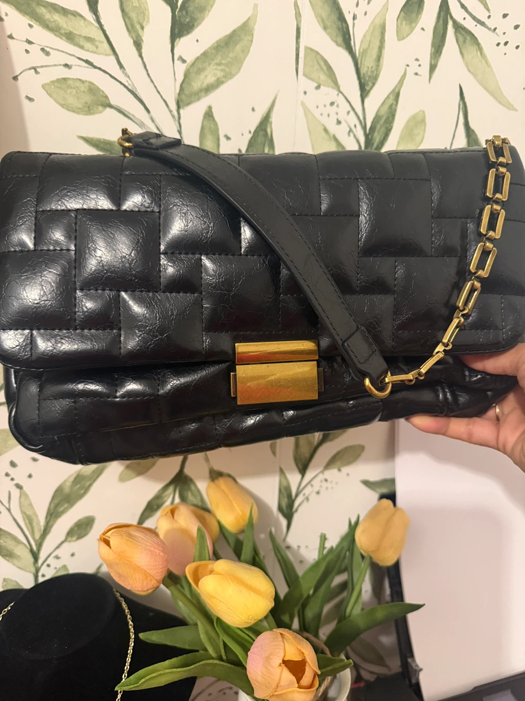 Black Quilted Shoulder Bag with Gold Hardware - photo 2