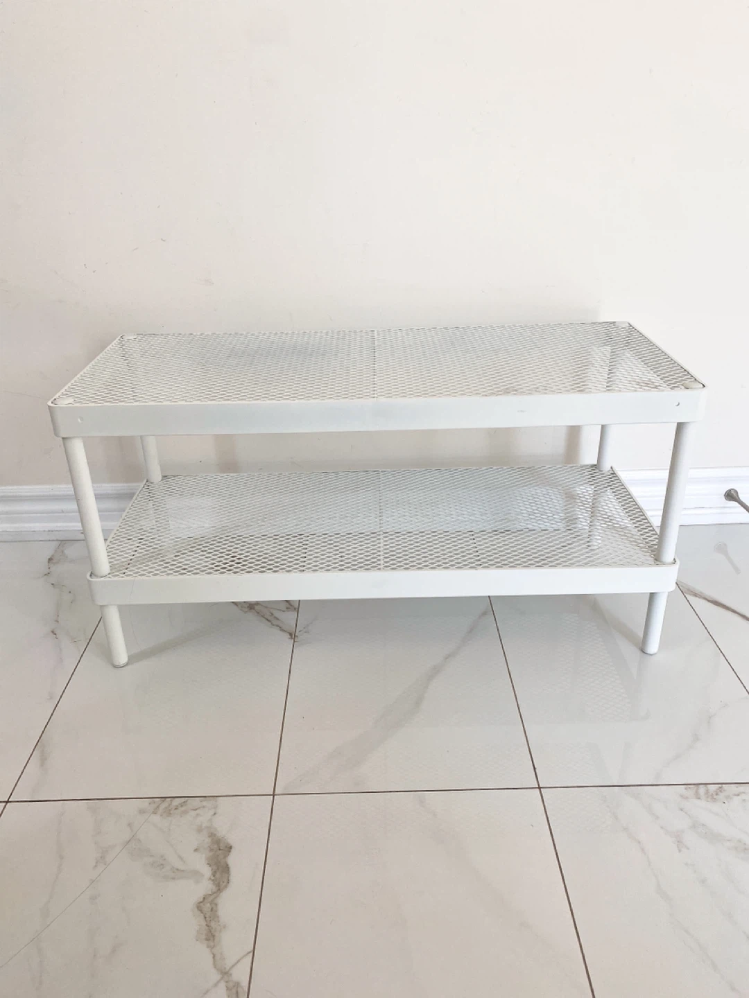White Two-Tiered Metal Shelf Unit