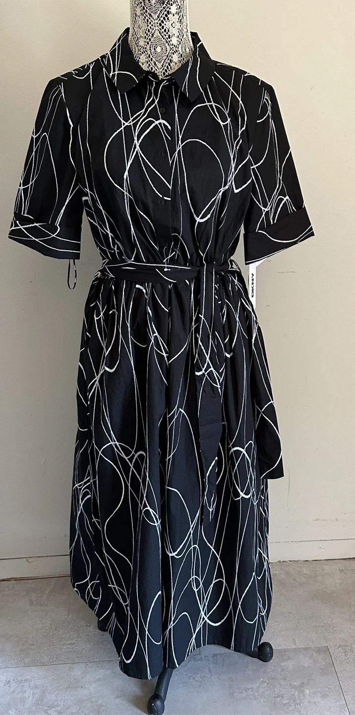 DKNY Black & White Swirl Print Shirt Dress US 10