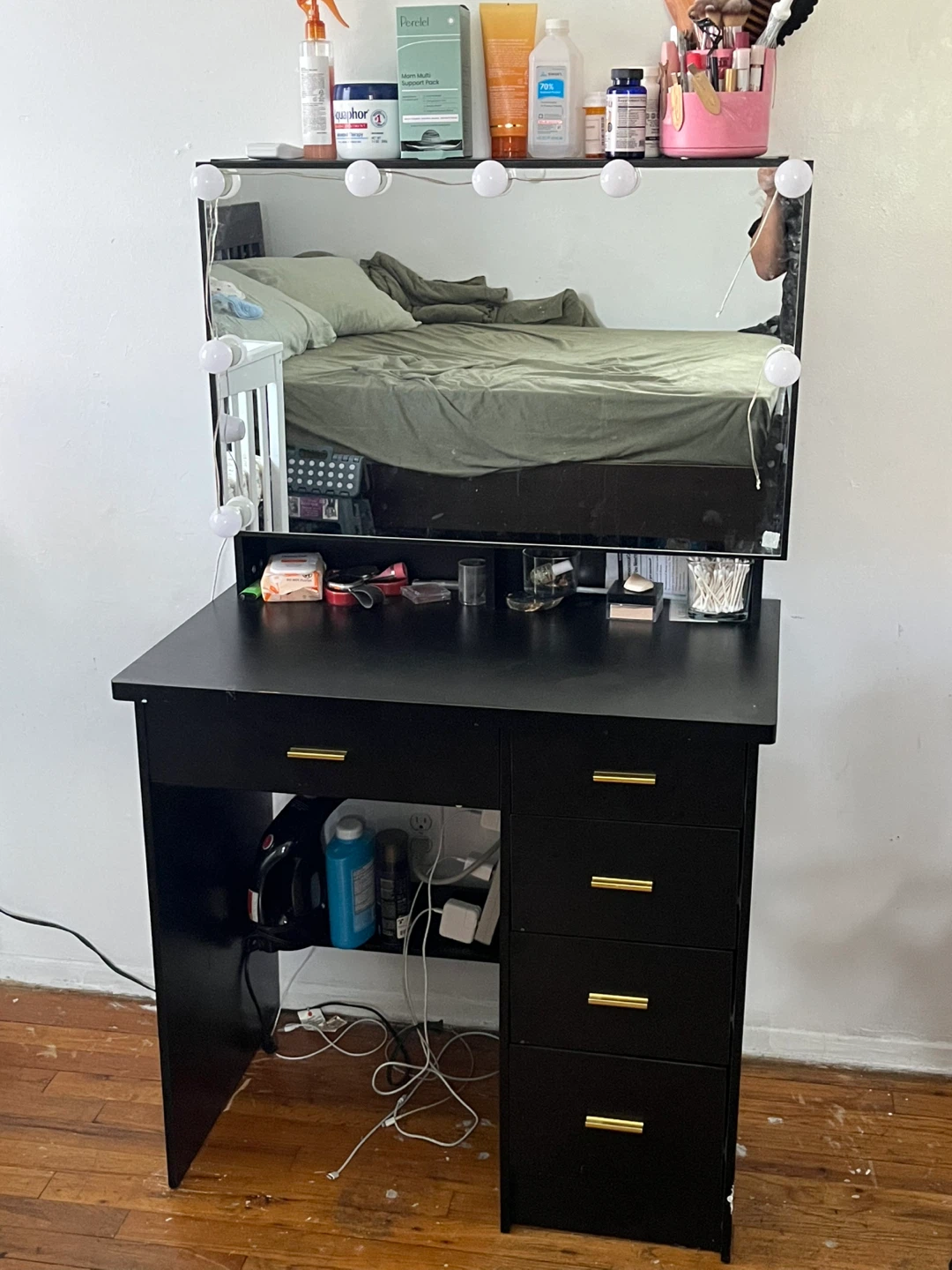 Black Vanity Desk with Lighted Mirror