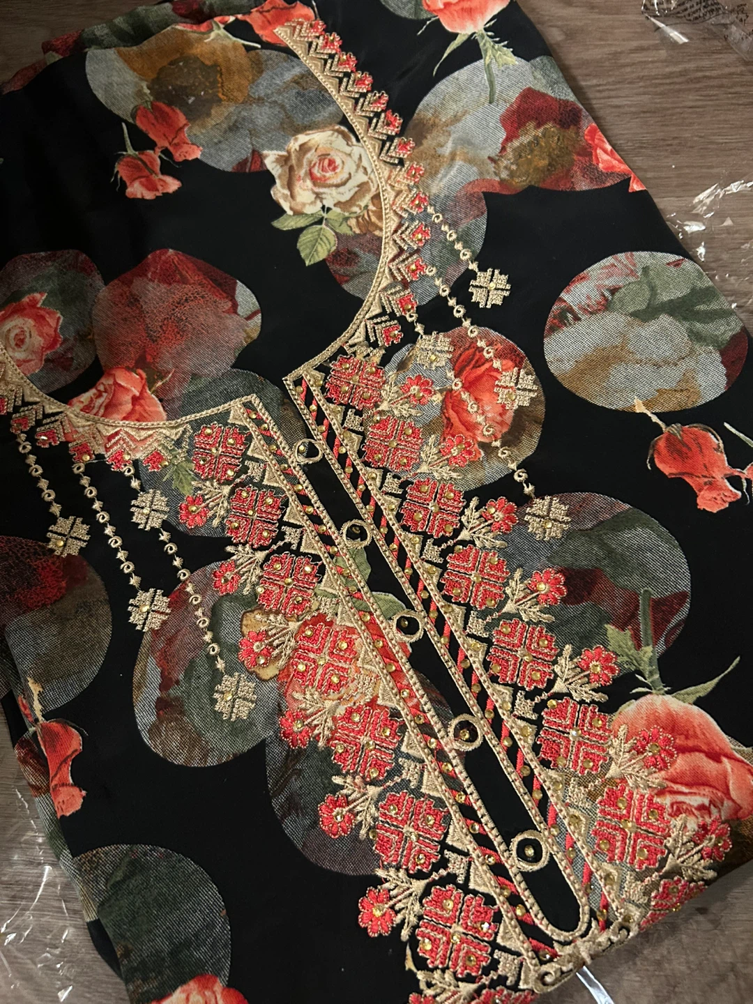 Black Floral Print unstitched suit