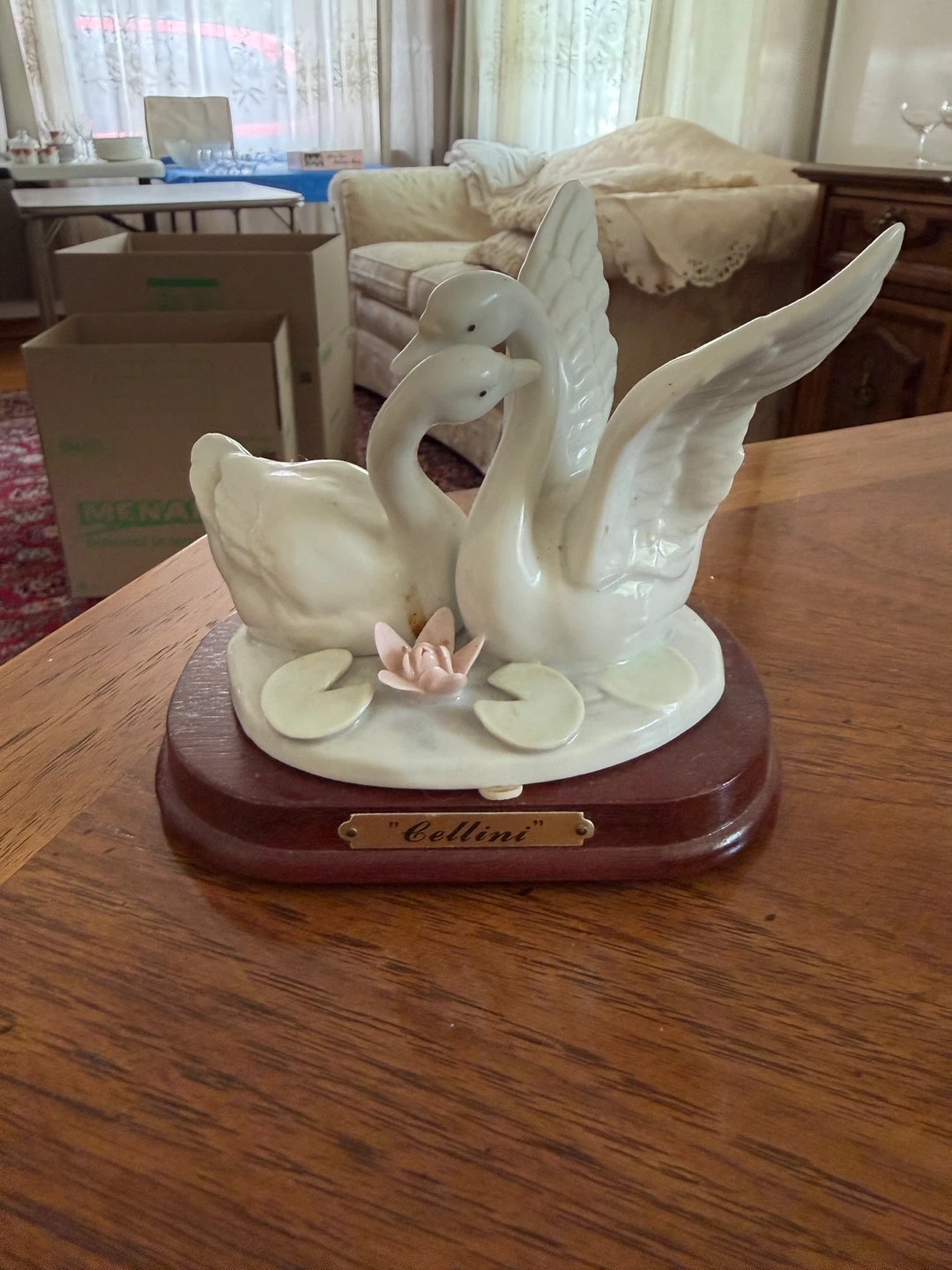 Cellini Porcelain Swan Figurine on Wooden Base