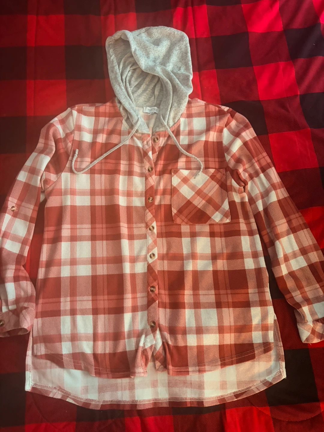 Red and White Plaid Flannel Hoodie Shirt