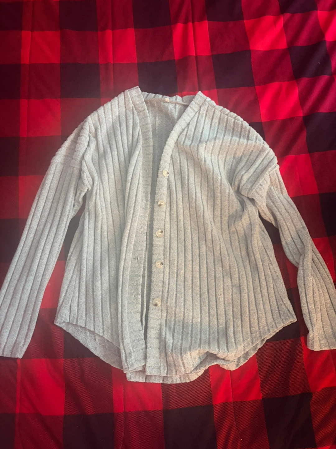 Grey Ribbed Button-Up Cardigan