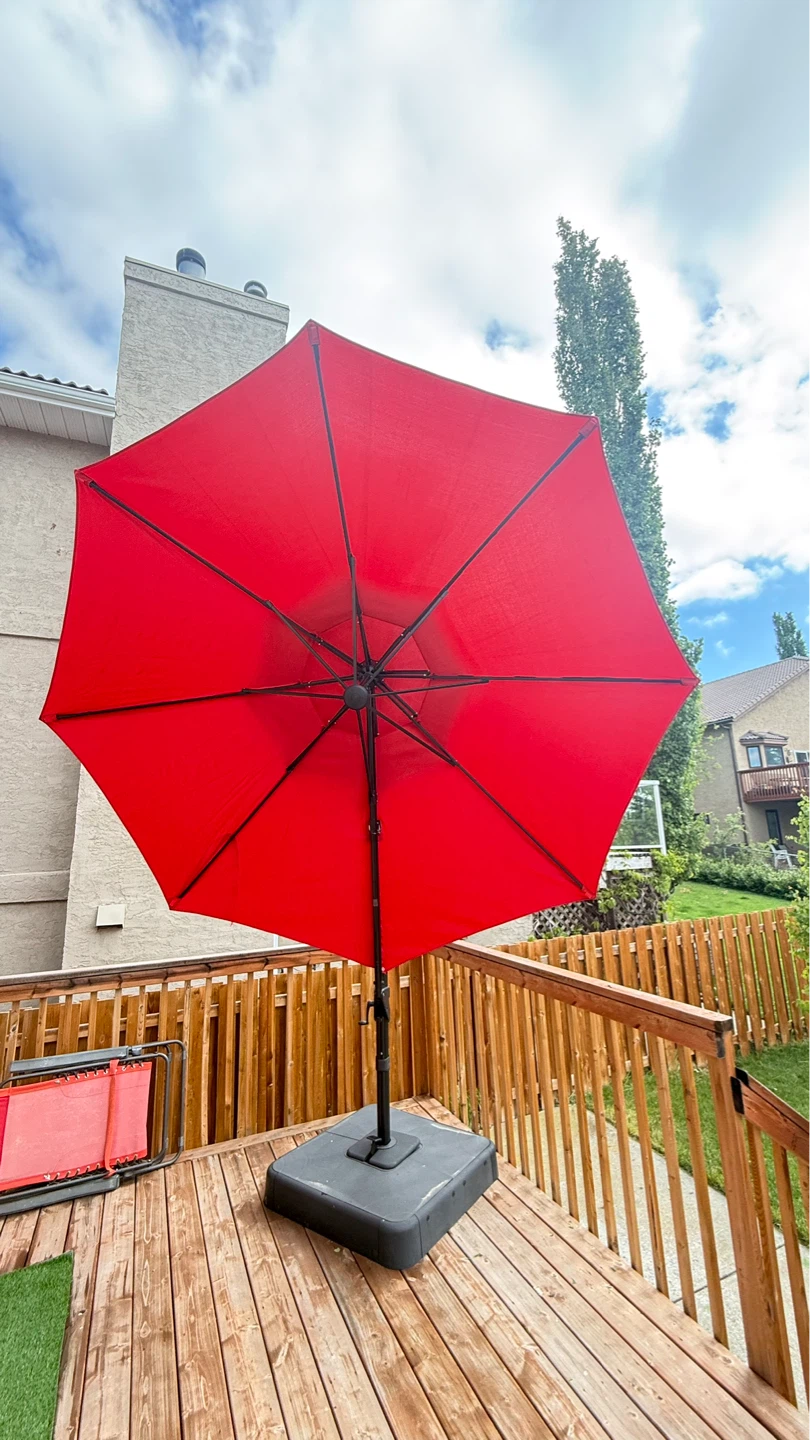 Moving Sale - Red Offset Patio Umbrella with Base - photo 2