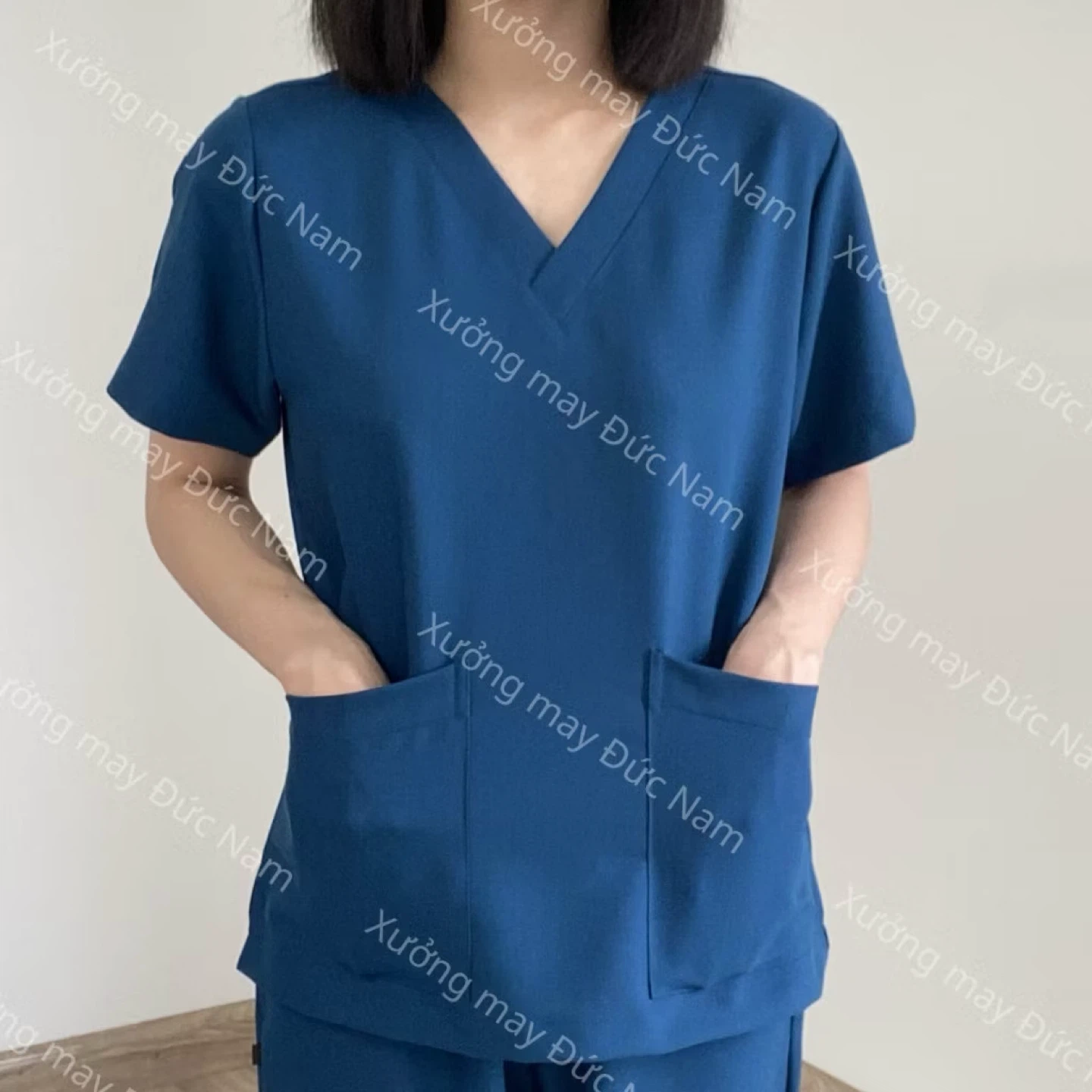 Blue V-Neck Scrub Top and Pants Set - photo 3