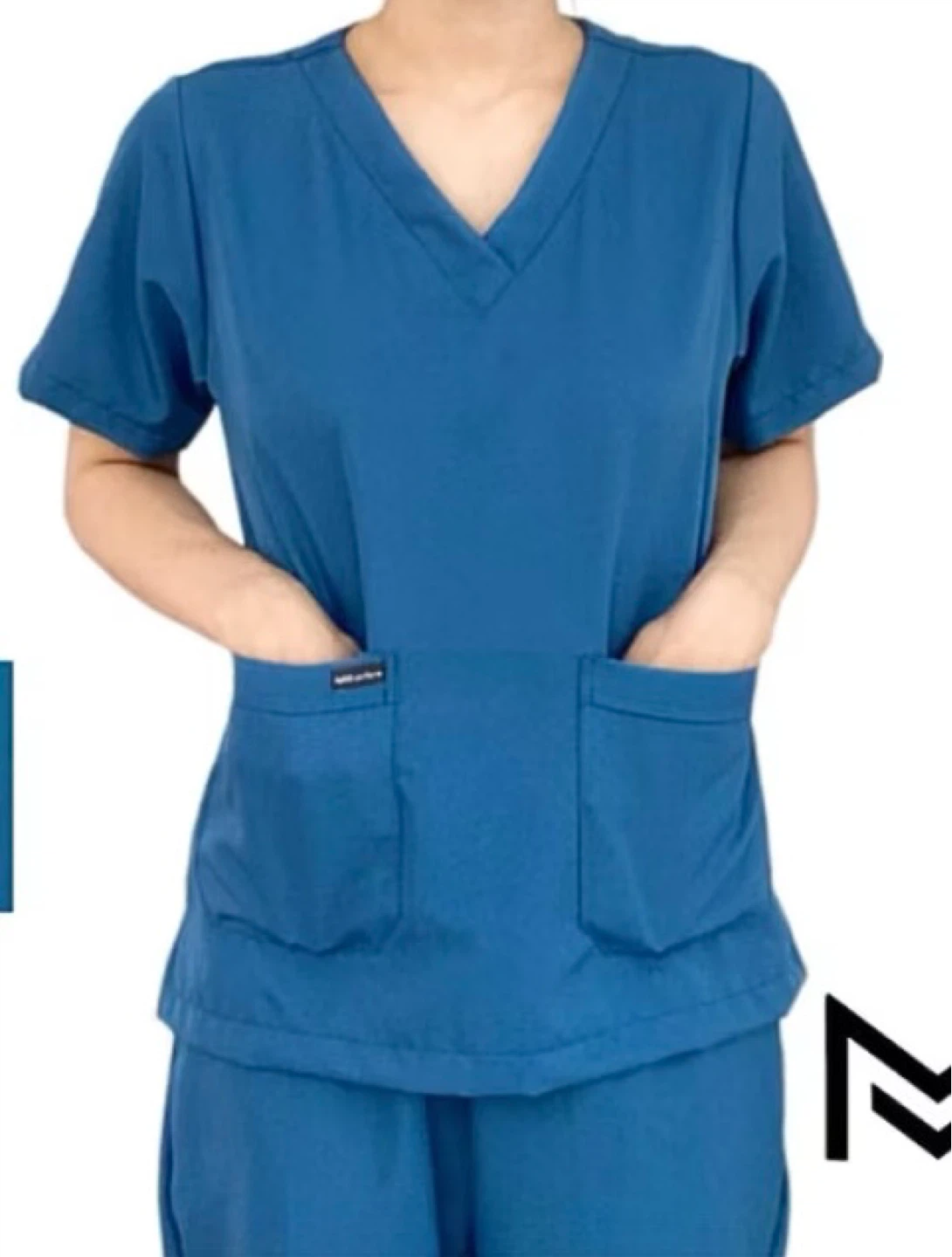Blue V-Neck Scrub Top and Pants Set - photo 2