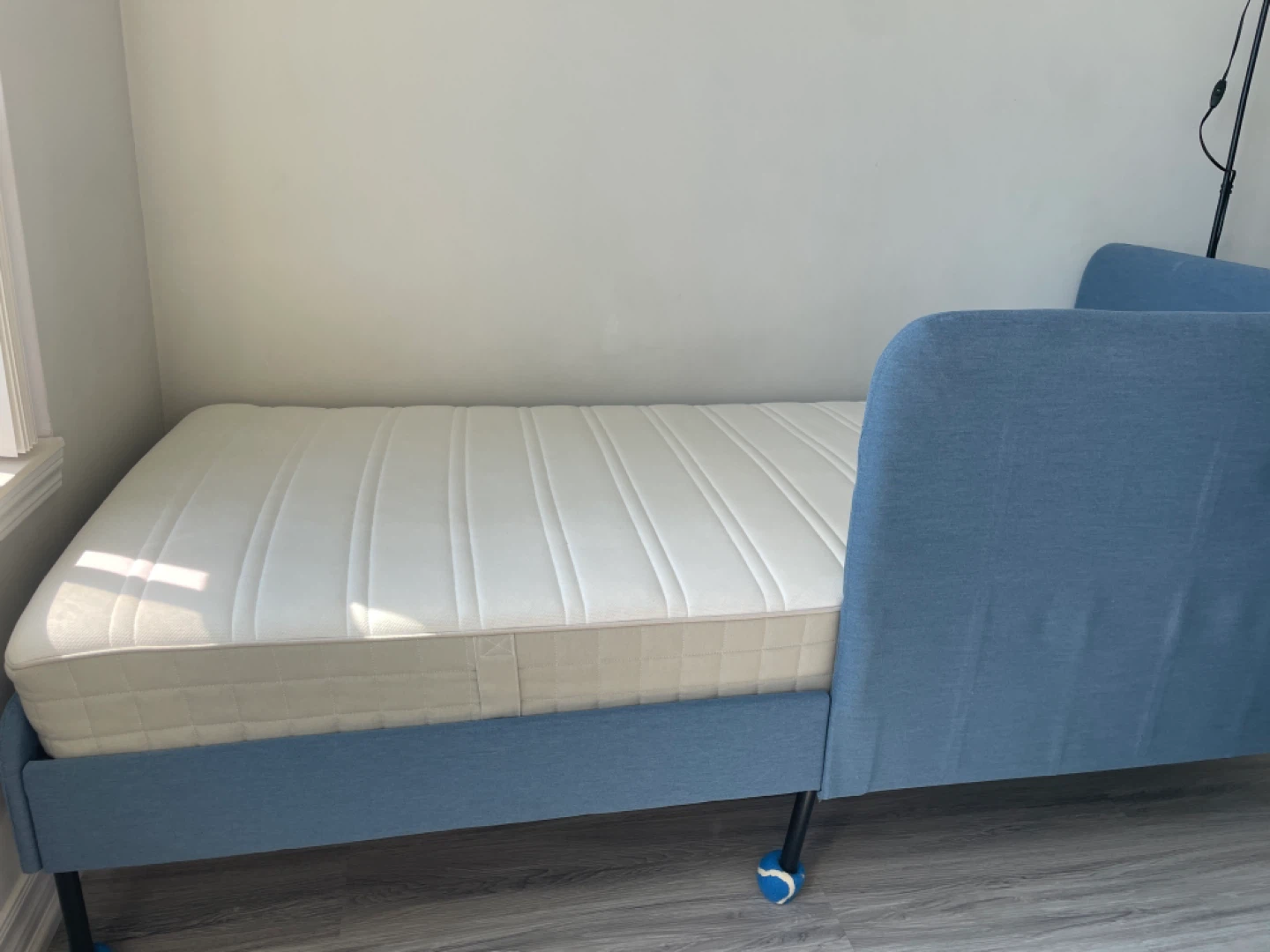 Blue Upholstered Twin Bed Frame with Mattress