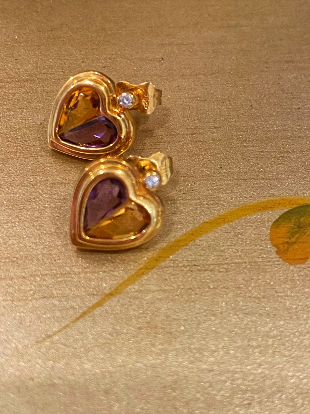 💛Estate 18-k Gold Heart Diamond Earrings Amethyst & Citrine