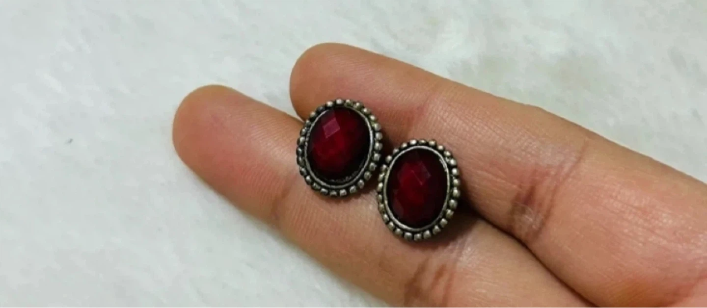 Antique Silver Tone Stud Earrings with Red Gems