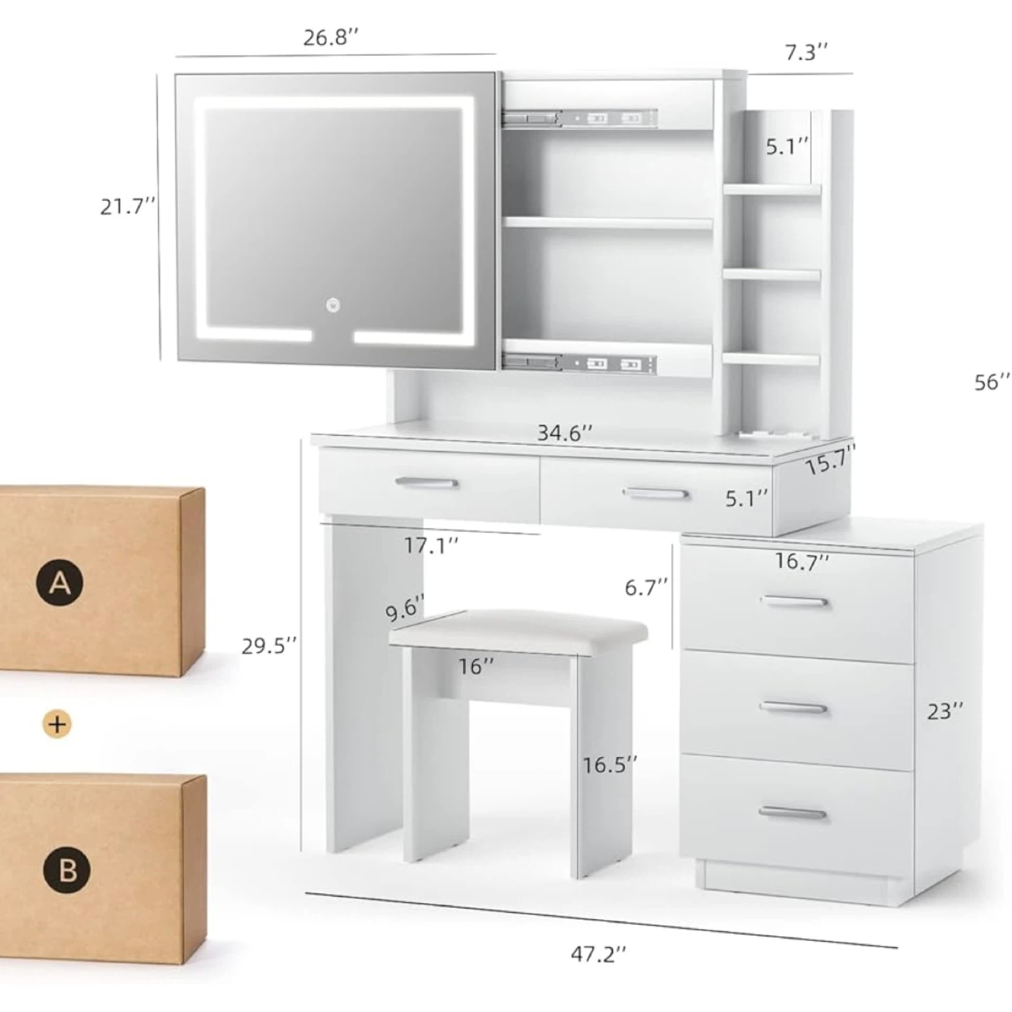 Vanity Desk w/ LED Mirror - White - photo 2