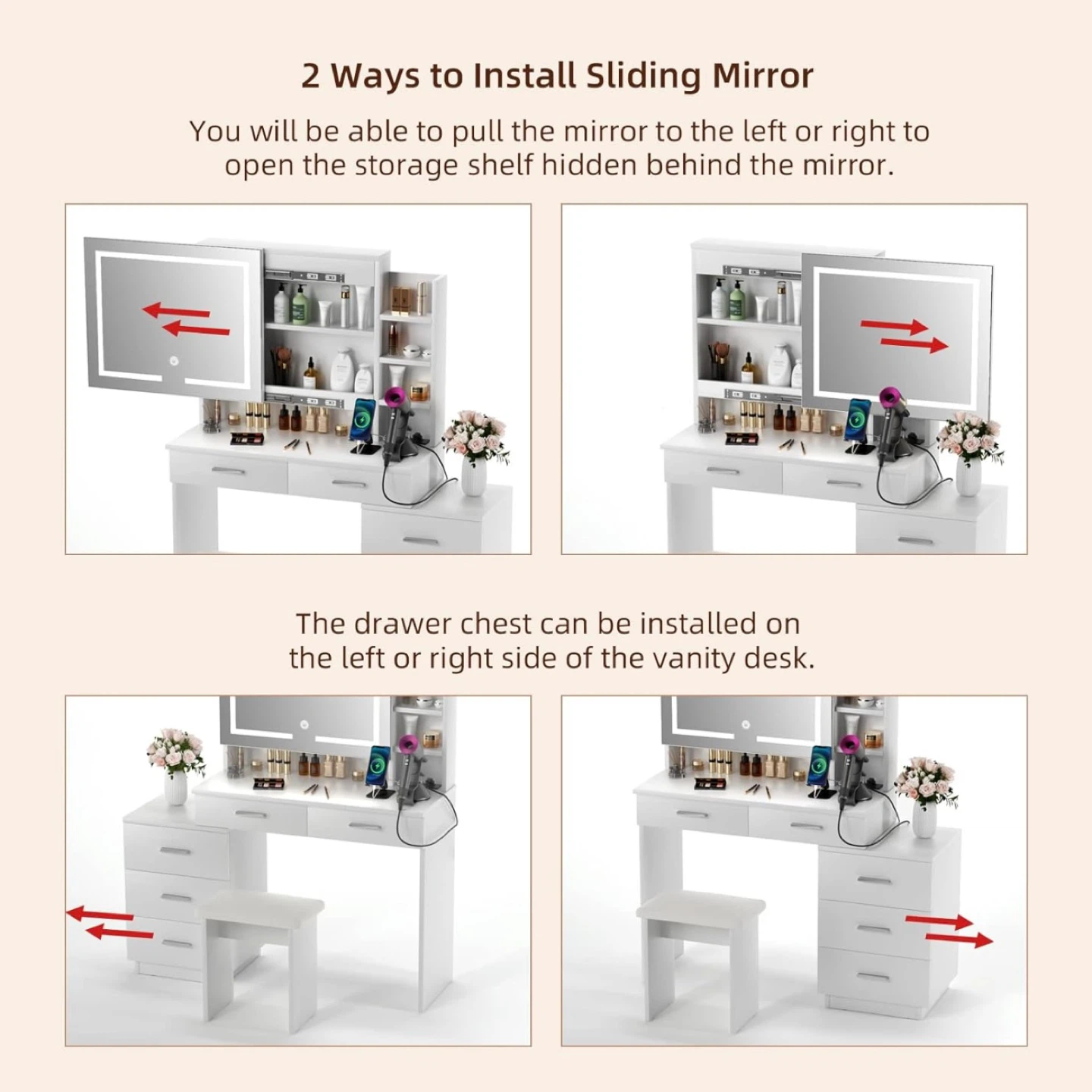 Vanity Desk w/ LED Mirror - White - photo 4