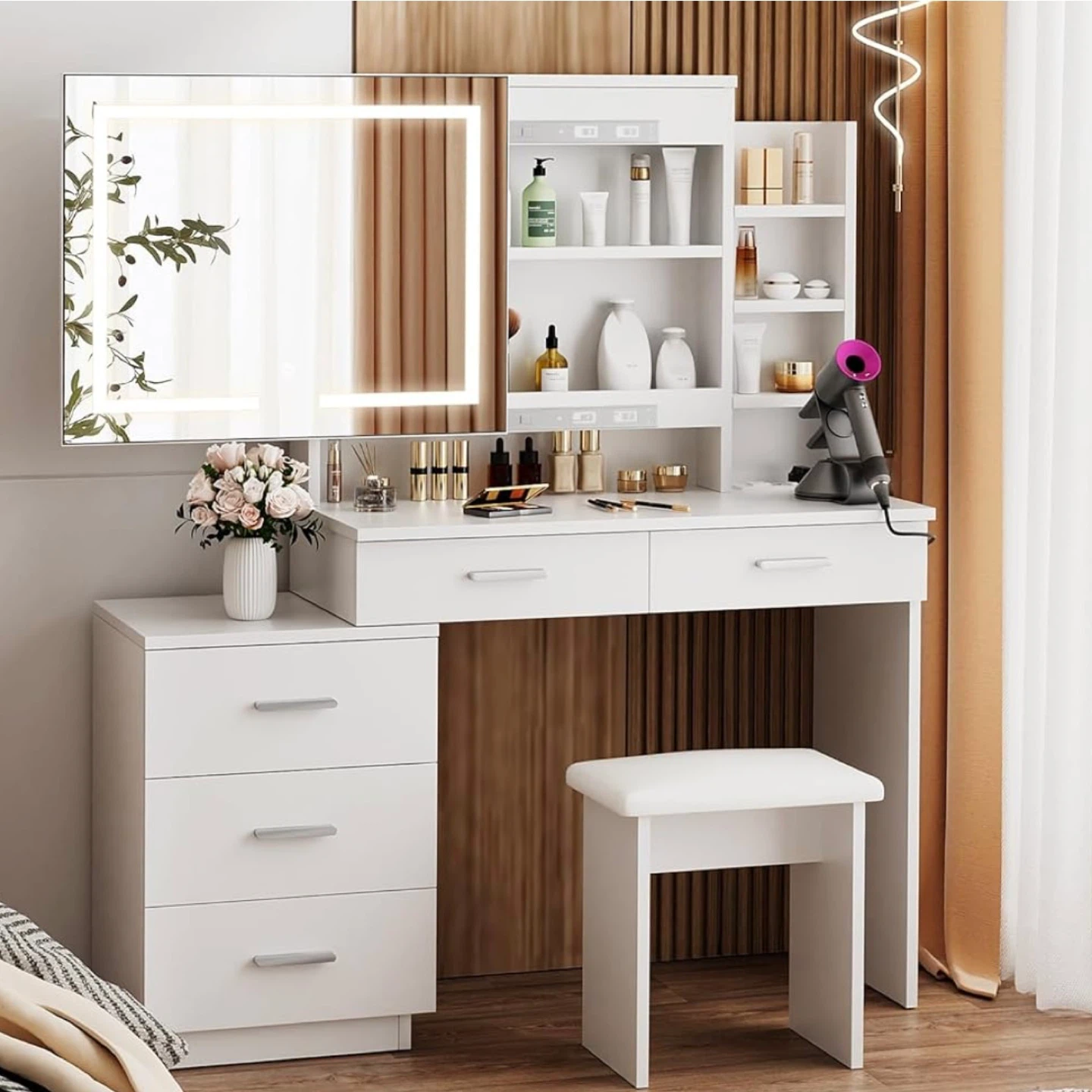 Vanity Desk w/ LED Mirror - White