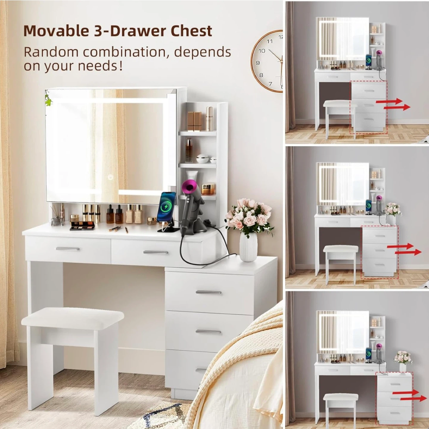 Vanity Desk w/ LED Mirror - White - photo 3