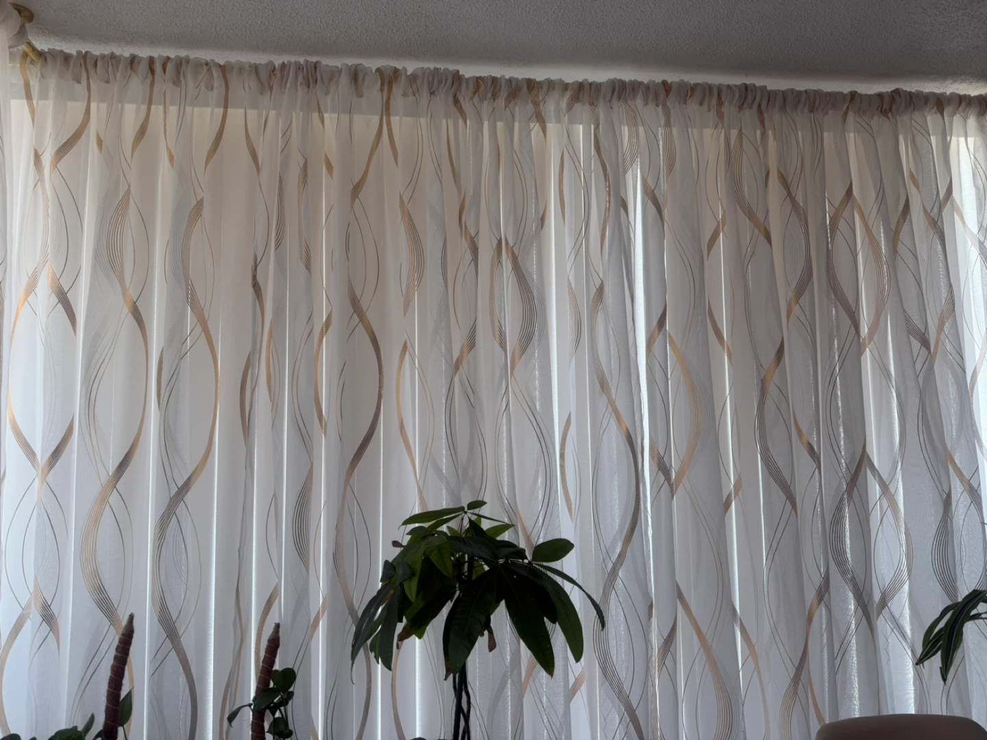 Sheer Curtains with Gold Wave Pattern