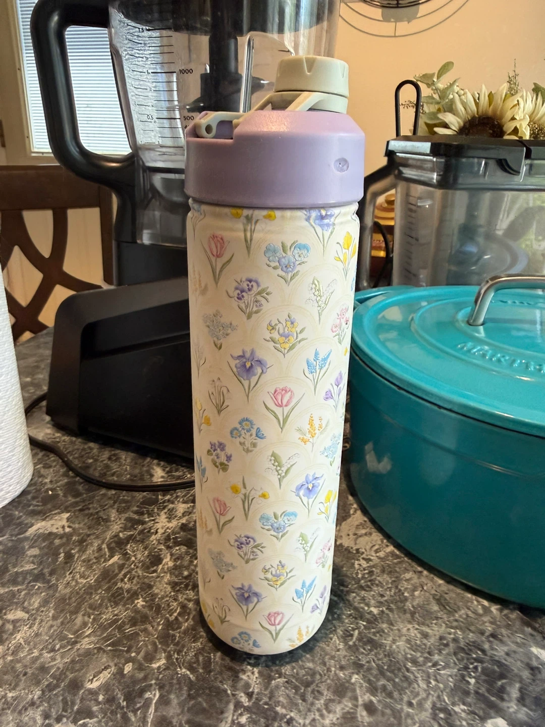 Floral Water Bottle with Purple Lid