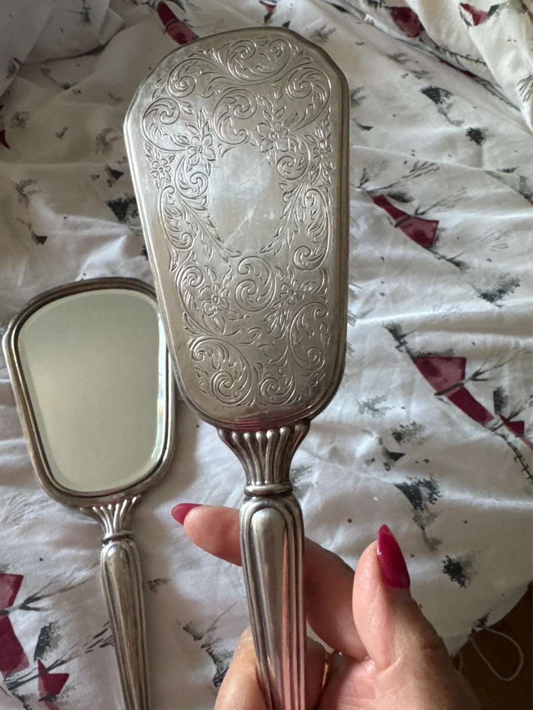Vintage Silver-Plated Vanity Mirror and Brush Set - photo 3