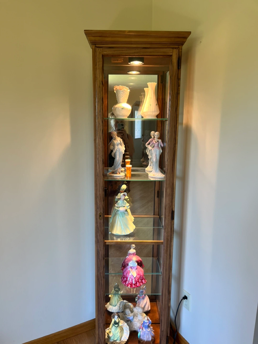 Wooden Corner Display Cabinet with Glass Shelves