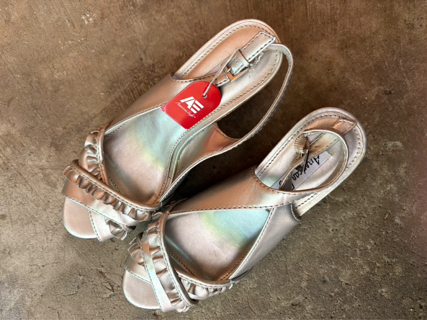 American Eagle Silver Ruffle Wedge Sandals