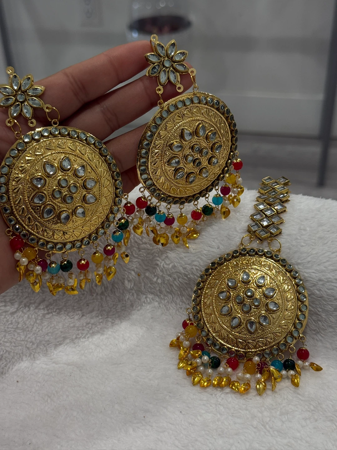 Gold Jhumka Earrings with Colorful Beads