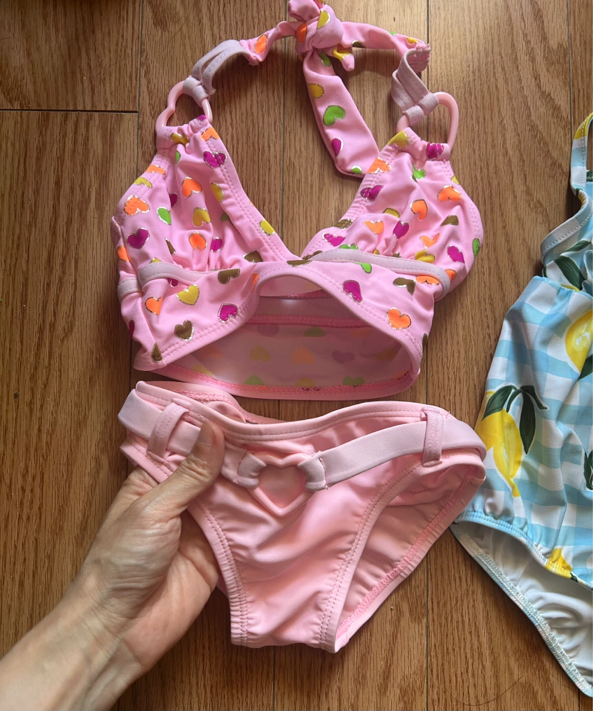 3pcs Girls Pink Heart Print Bikini and Lemon Swimsuit - photo 4