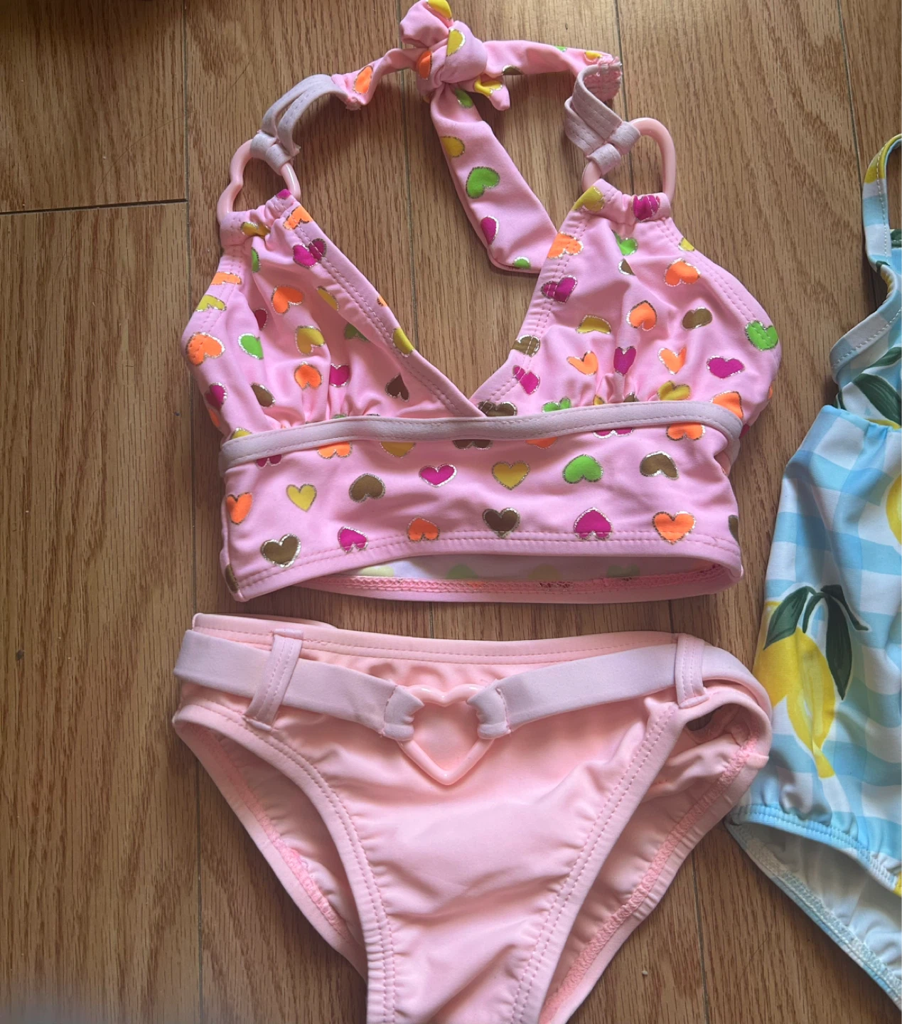 3pcs Girls Pink Heart Print Bikini and Lemon Swimsuit - photo 2