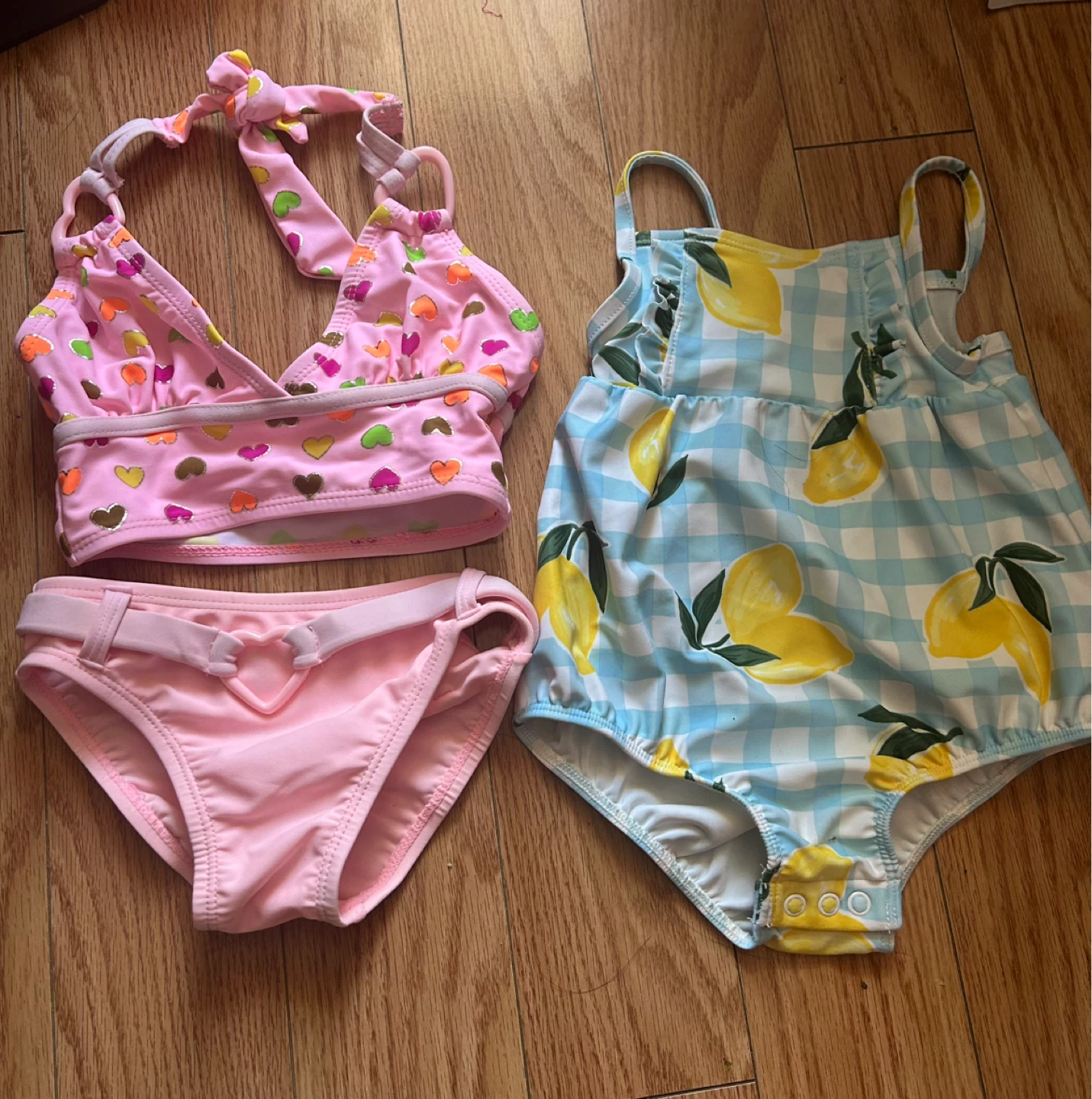 3pcs Girls Pink Heart Print Bikini and Lemon Swimsuit