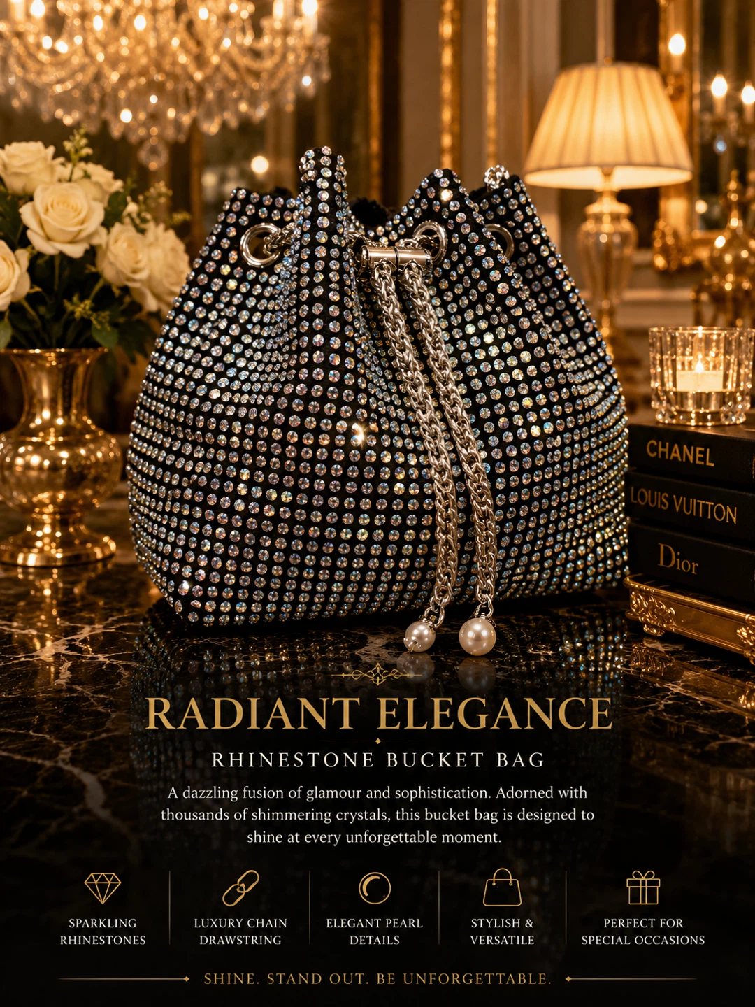 Rhinestone Bucket Bag with Pearl Details