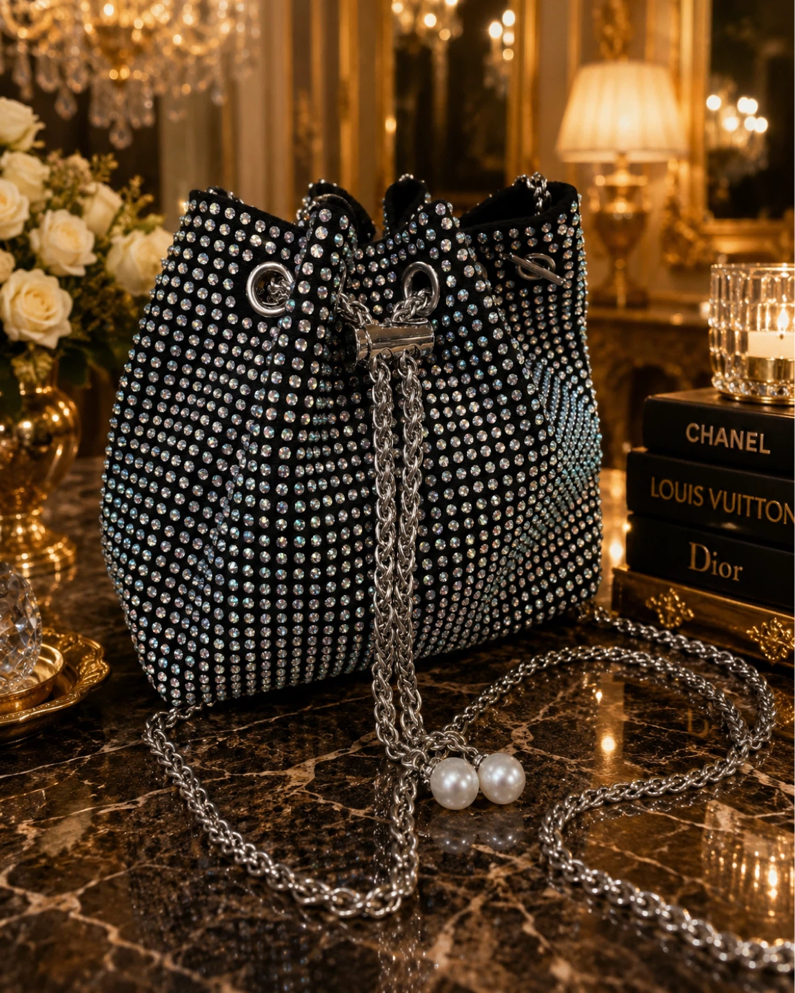 Rhinestone Bucket Bag with Pearl Details - photo 2