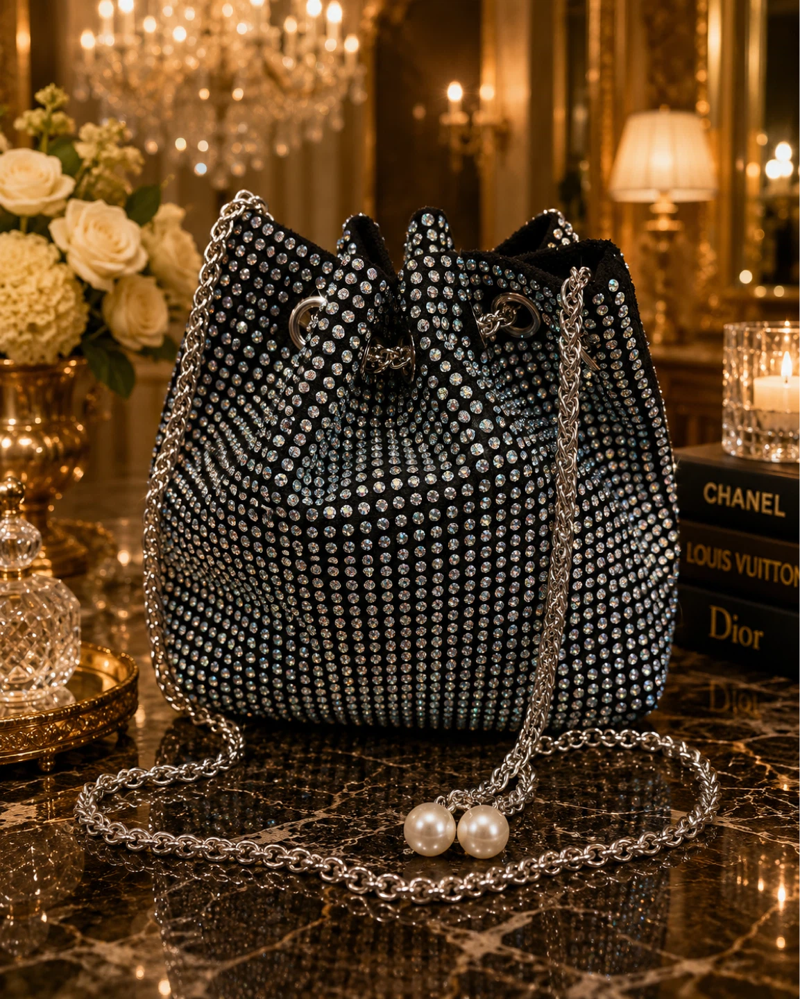 Rhinestone Bucket Bag with Pearl Details - photo 3