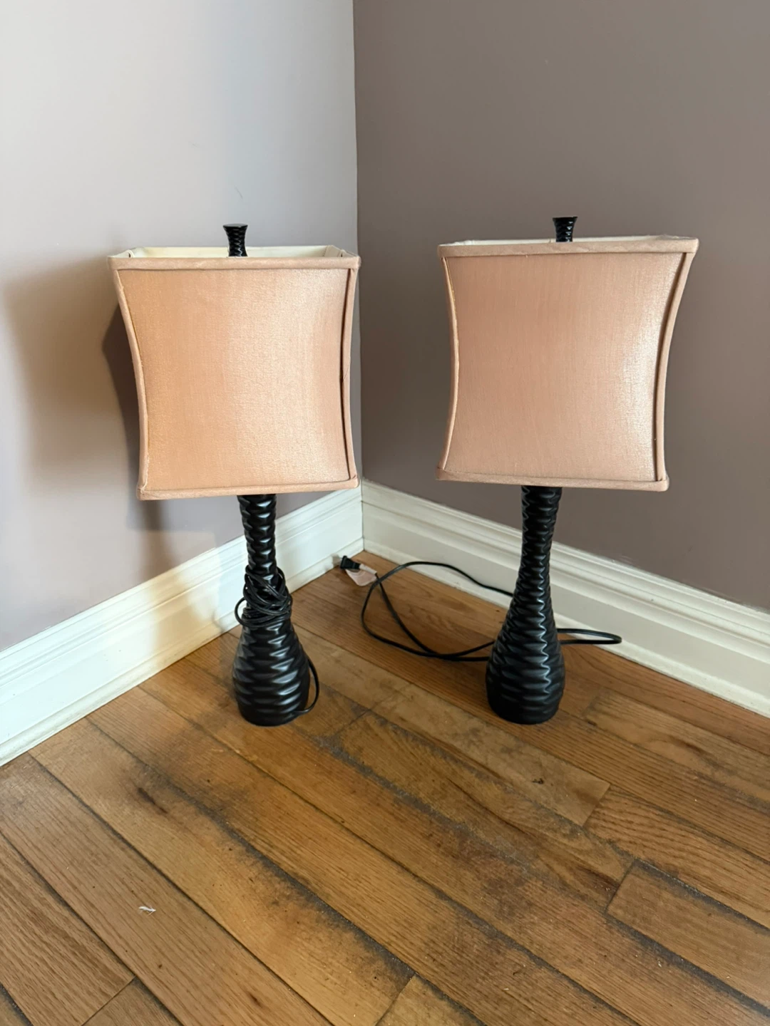 Pair of Black Table Lamps with Peach Lampshades