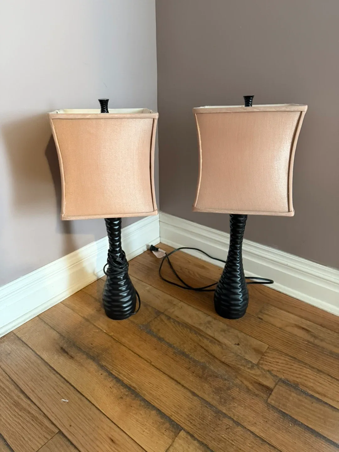Pair of Black Table Lamps with Peach Lampshades