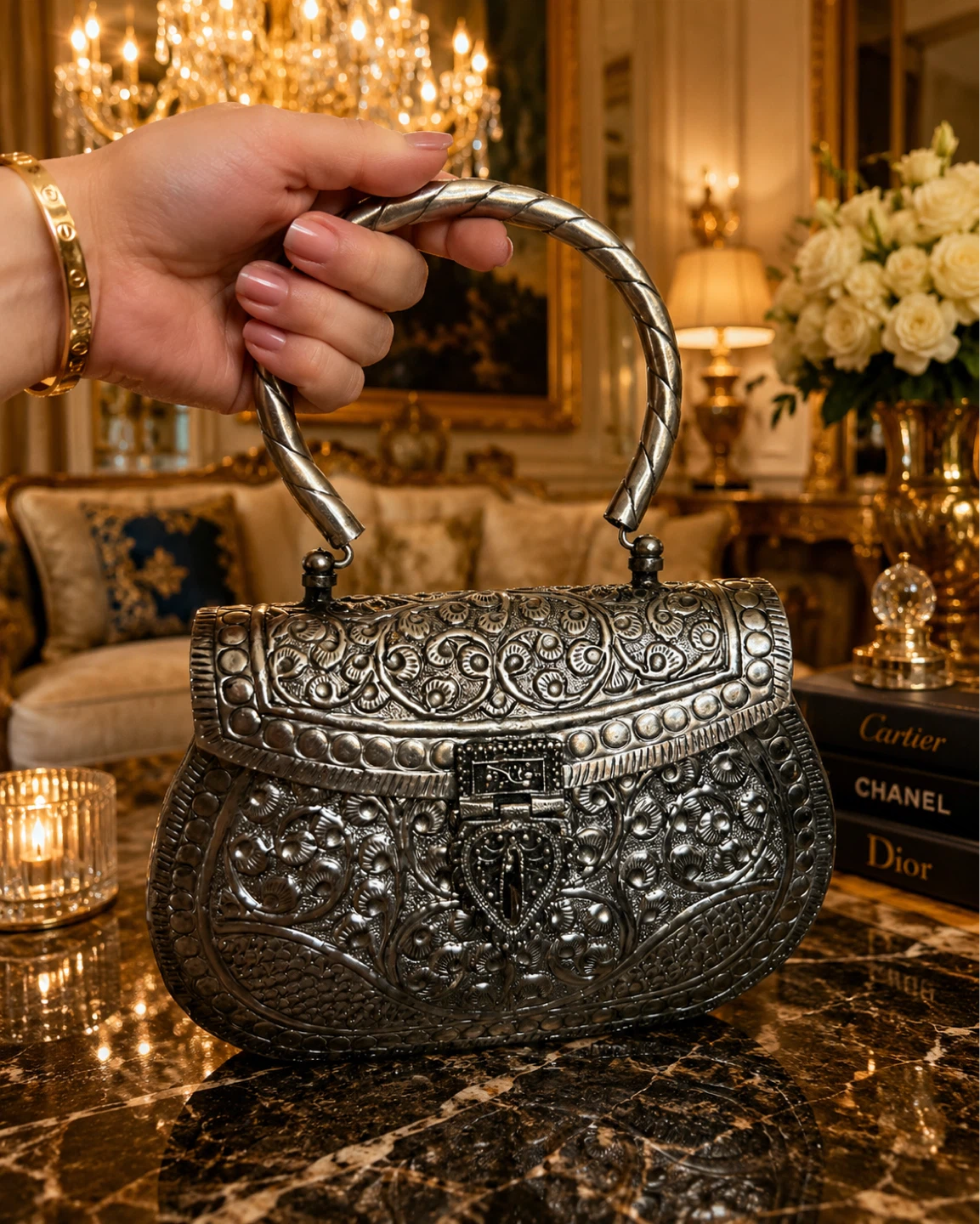 Ornate Silver Clutch Evening Bag