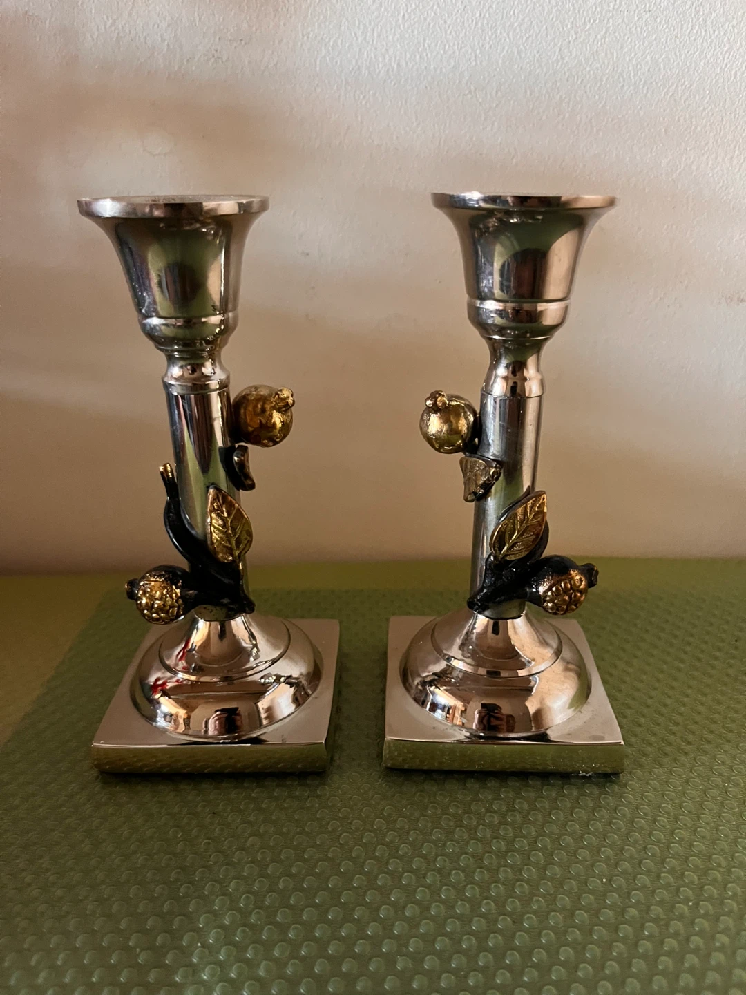 Pair of Silver Candlesticks with Acorn and Leaf Design