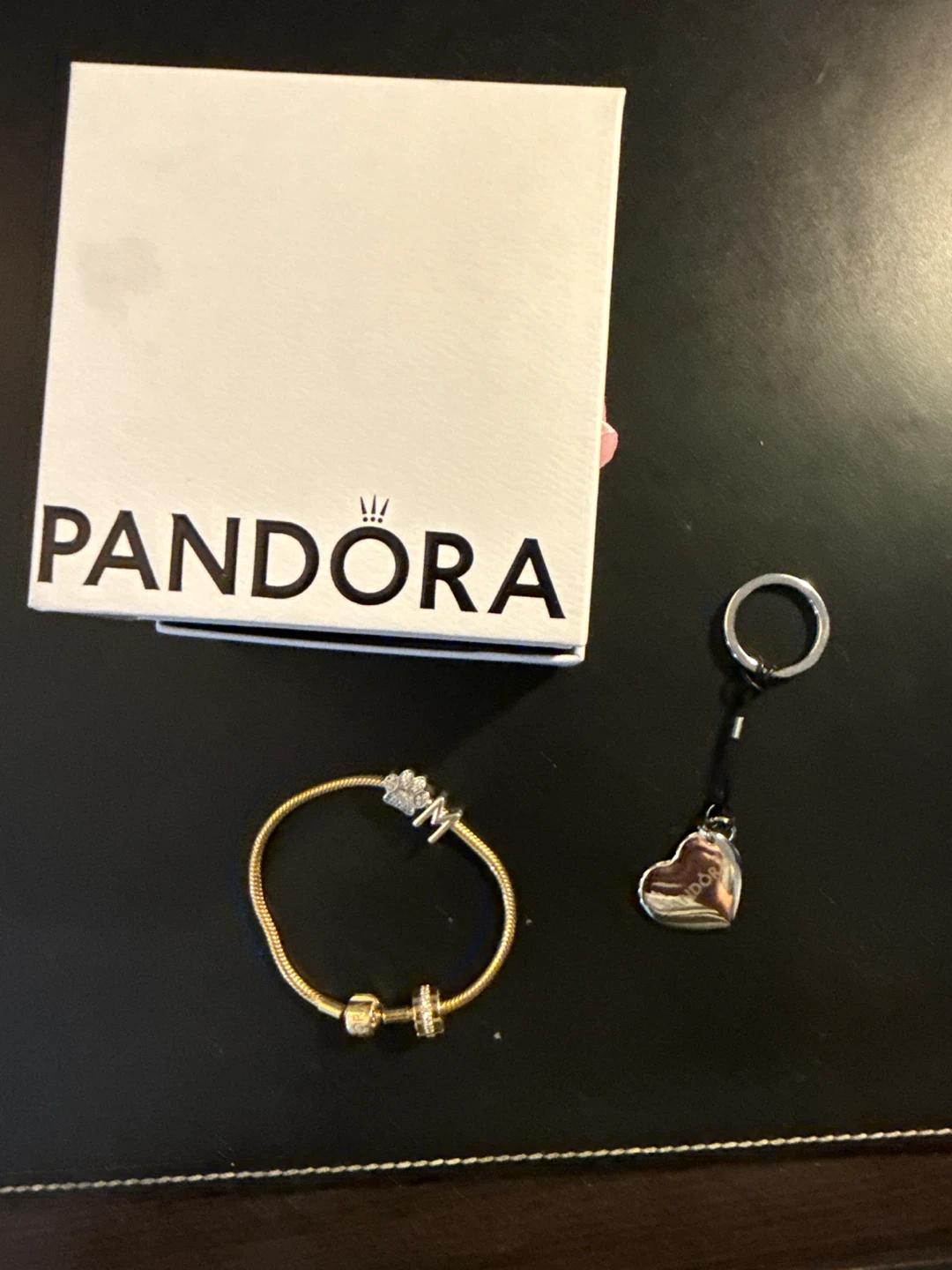 Pandora Gold Bracelet with 'M' Charm and Box