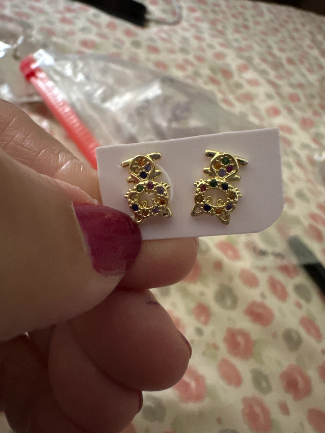 Gold Tone Teddy Bear Earrings with Colorful Gems