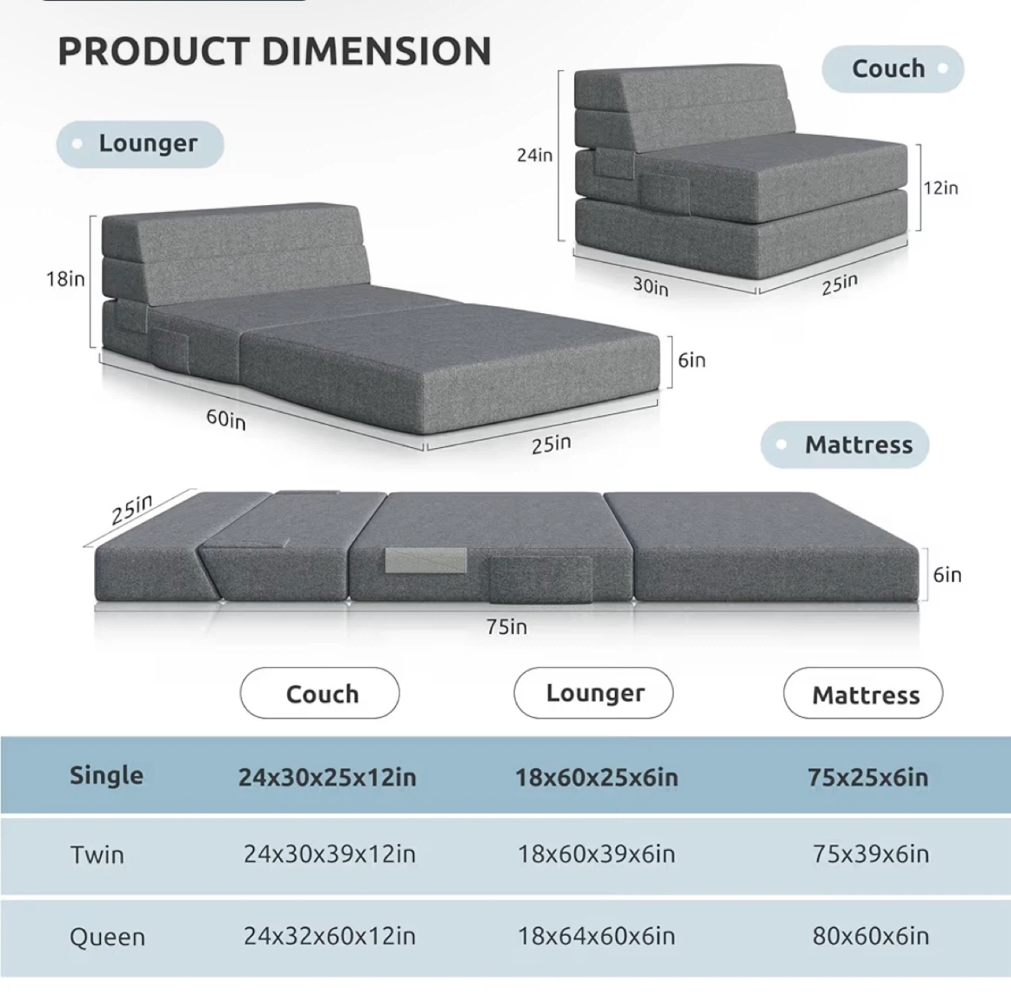 Grey Folding Foam Sofa Bed - Twin Size - photo 2