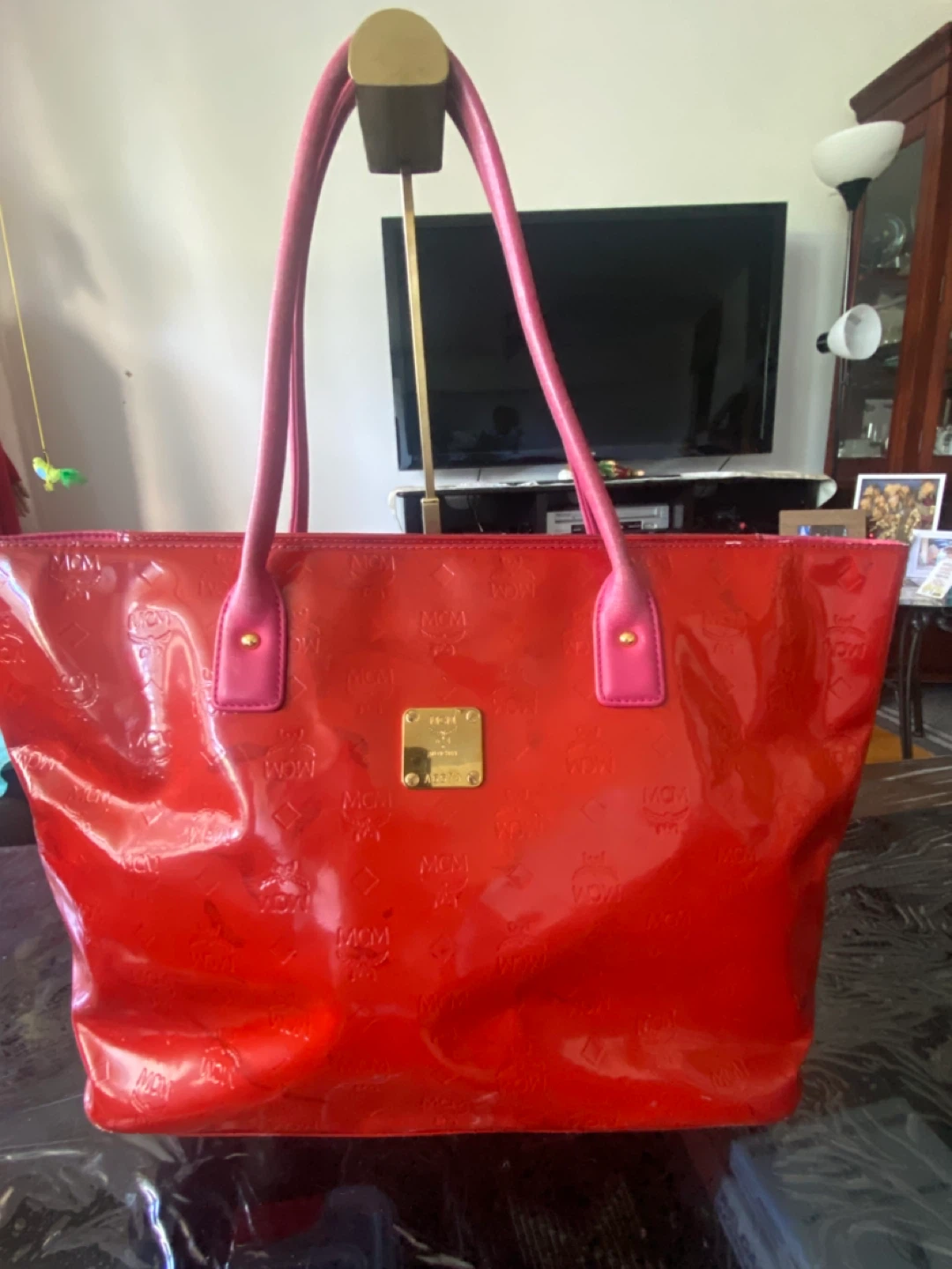 MCM Red Patent Leather Tote Bag