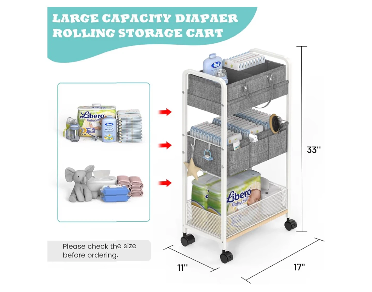 Grey 3-Tier Rolling Diaper Caddy Storage Cart - photo 3