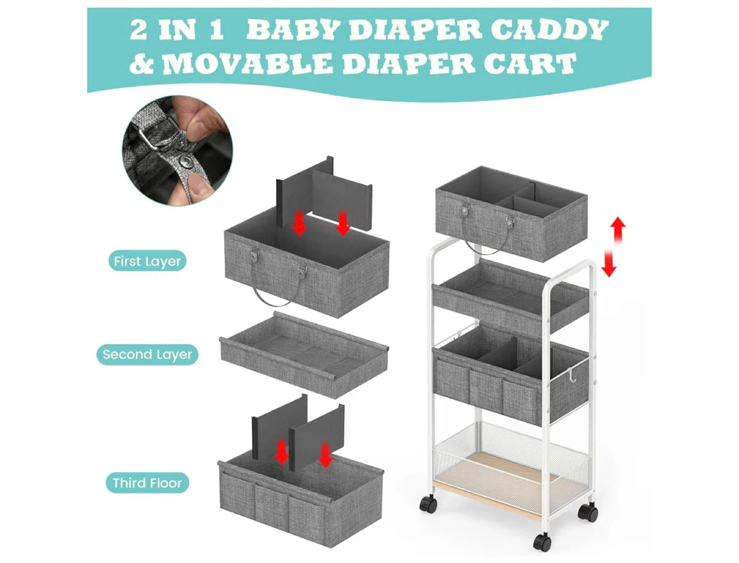 Grey 3-Tier Rolling Diaper Caddy Storage Cart - photo 2